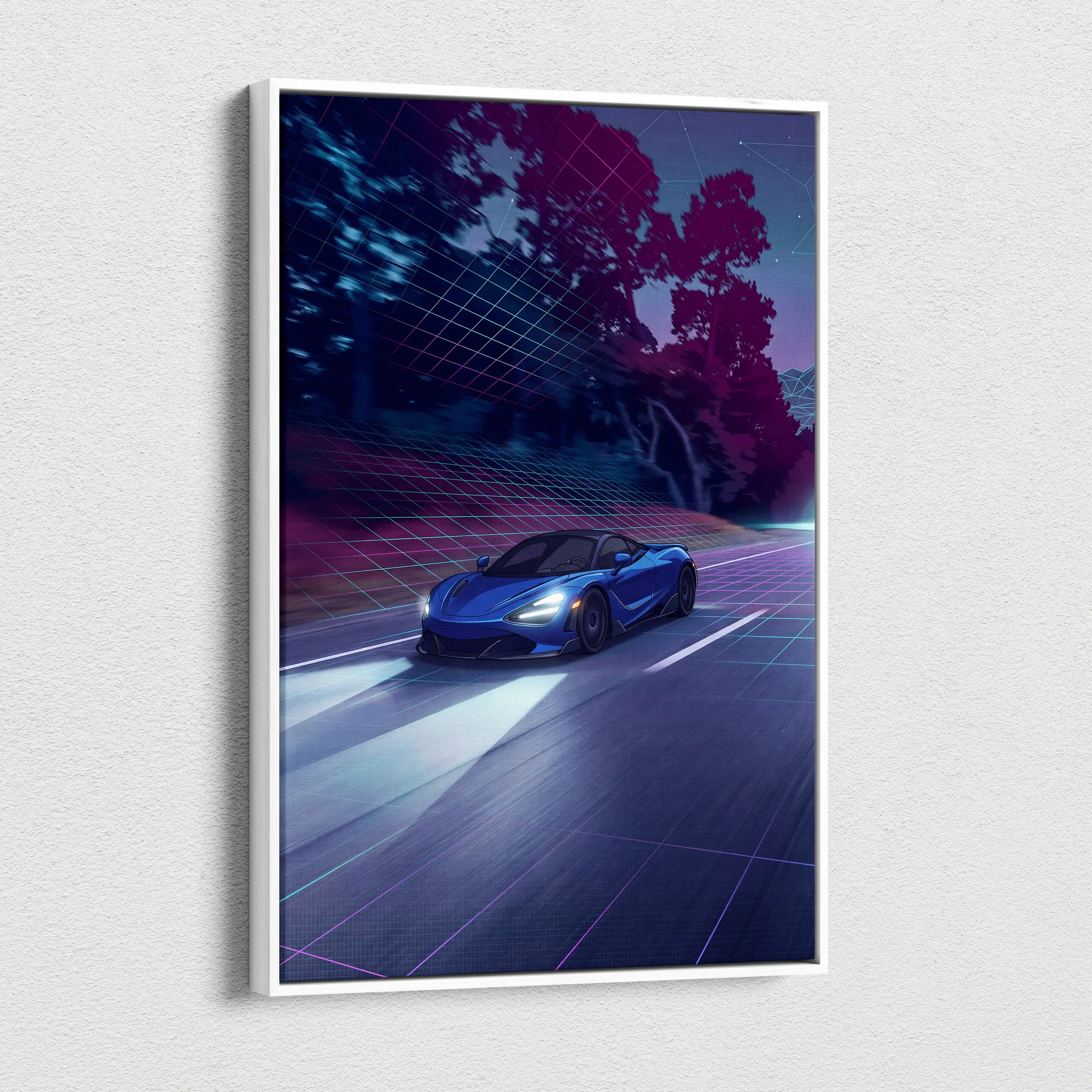 McLaren 765LT Inspired Vaporwave Car Canvas - Vaporwave Car Neon Blue Living Room Retro-Futurism Dreamy Mood Retro Aesthetic Canvas Print
