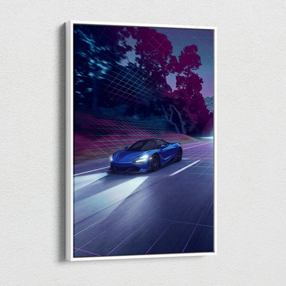 McLaren 765LT Inspired Vaporwave Car Canvas - Vaporwave Car Neon Blue Living Room Retro-Futurism Dreamy Mood Retro Aesthetic Canvas Print