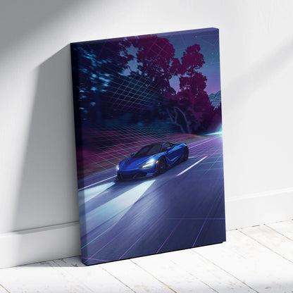 McLaren 765LT Inspired Vaporwave Car Canvas - Vaporwave Car Neon Blue Living Room Retro-Futurism Dreamy Mood Retro Aesthetic Canvas Print
