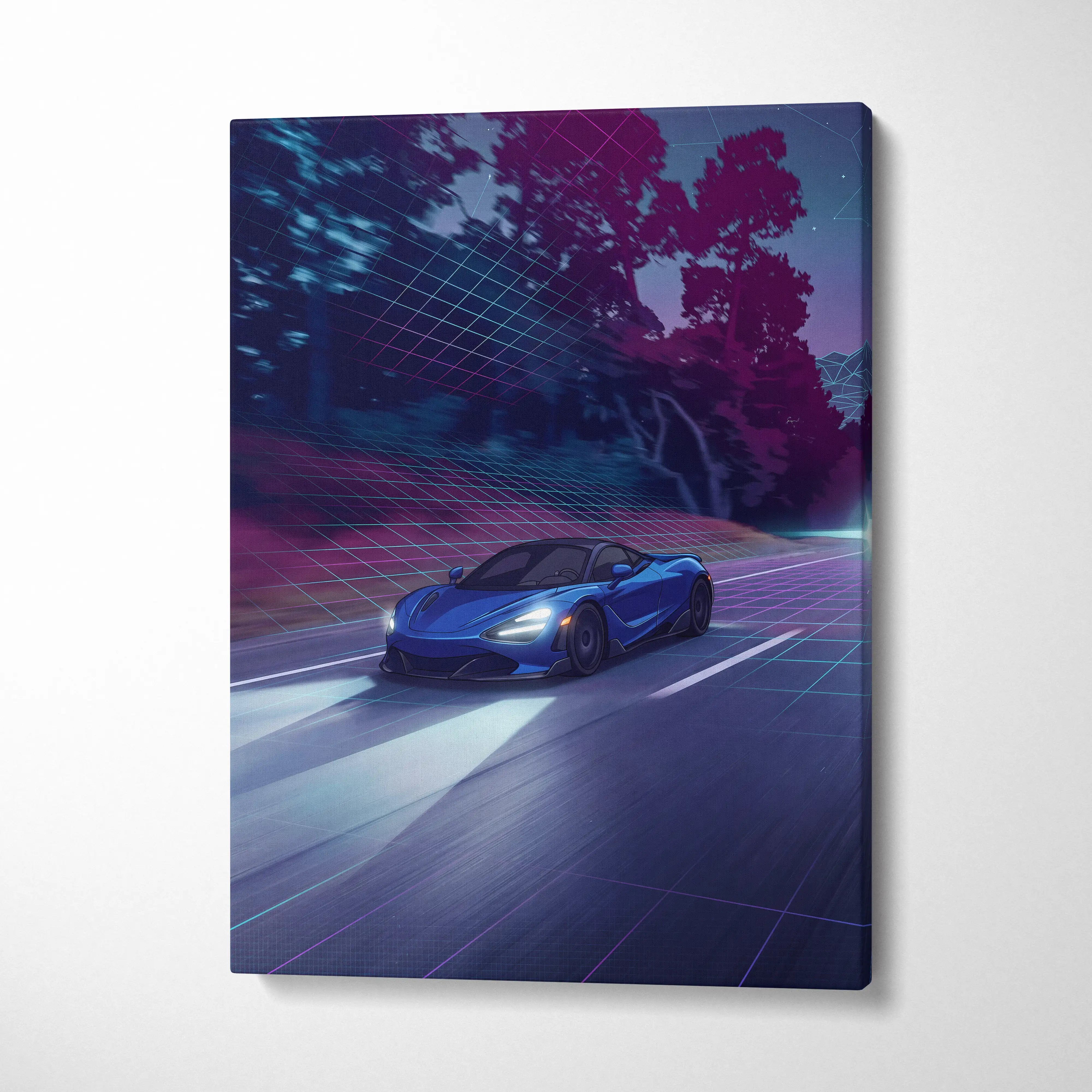 McLaren 765LT Inspired Vaporwave Car Canvas - Vaporwave Car Neon Blue Living Room Retro-Futurism Dreamy Mood Retro Aesthetic Canvas Print