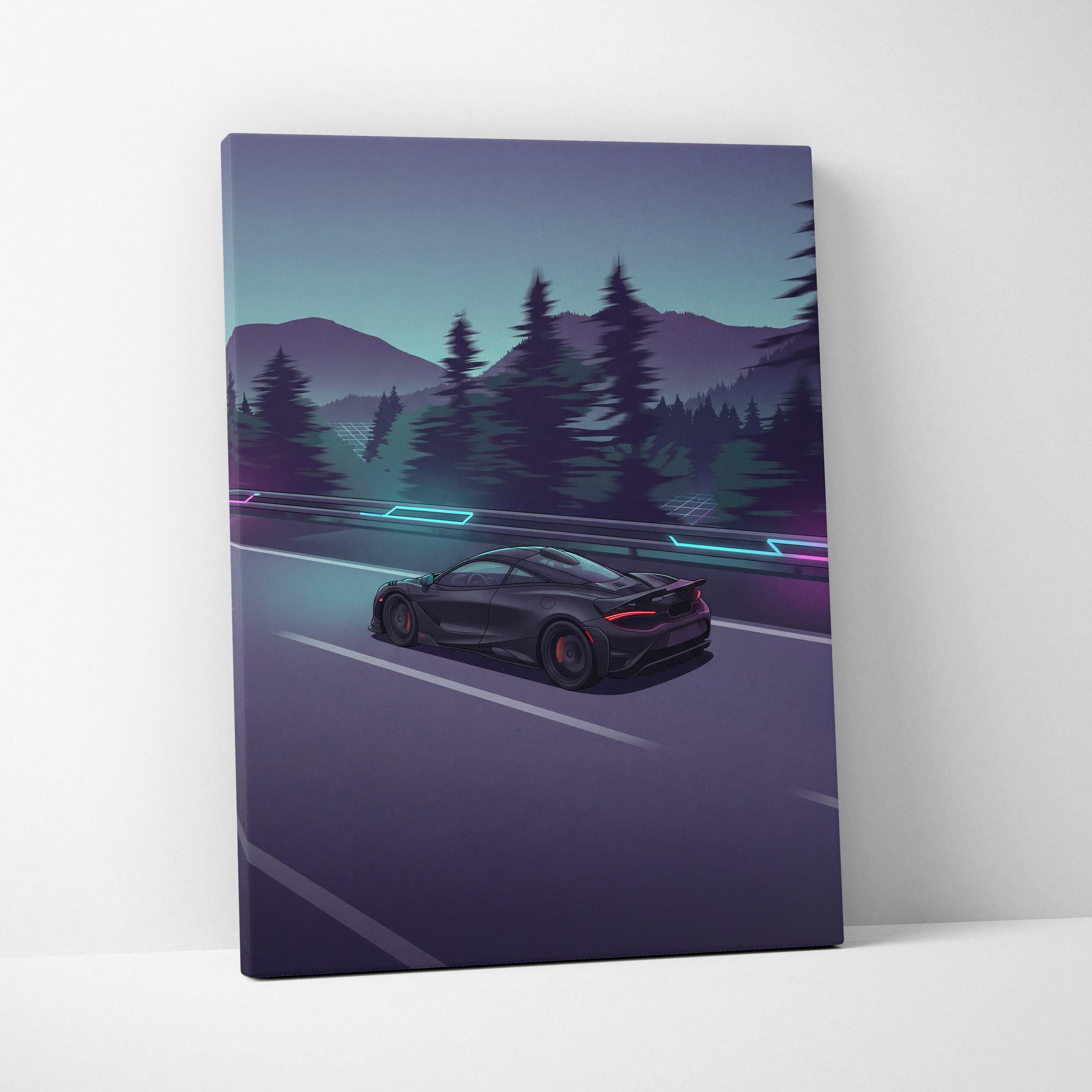 McLaren 765LT Inspired Vaporwave Car Canvas - Vaporwave Car Purple Teal Living Room Retro Futurism Mood Neon Wall Art