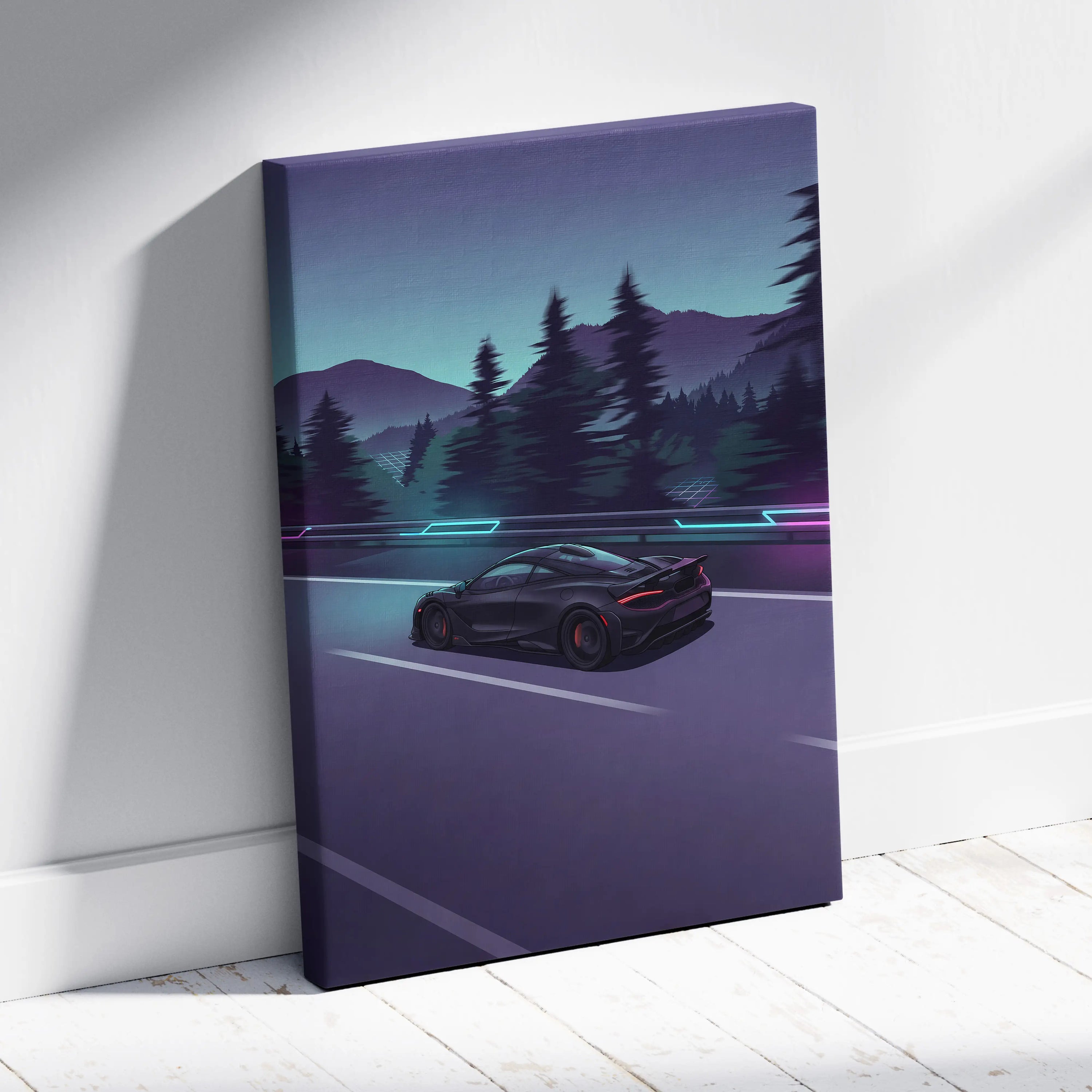 McLaren 765LT Inspired Vaporwave Car Canvas - Vaporwave Car Purple Teal Living Room Retro Futurism Mood Neon Wall Art