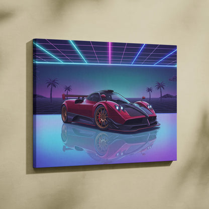 Pagani Zonda Inspired Red Purple Canvas Wall Art, Vaporwave Hypercar Artwork, Neon Grid Garage Decor, Retro Futuristic Exotic Car Print