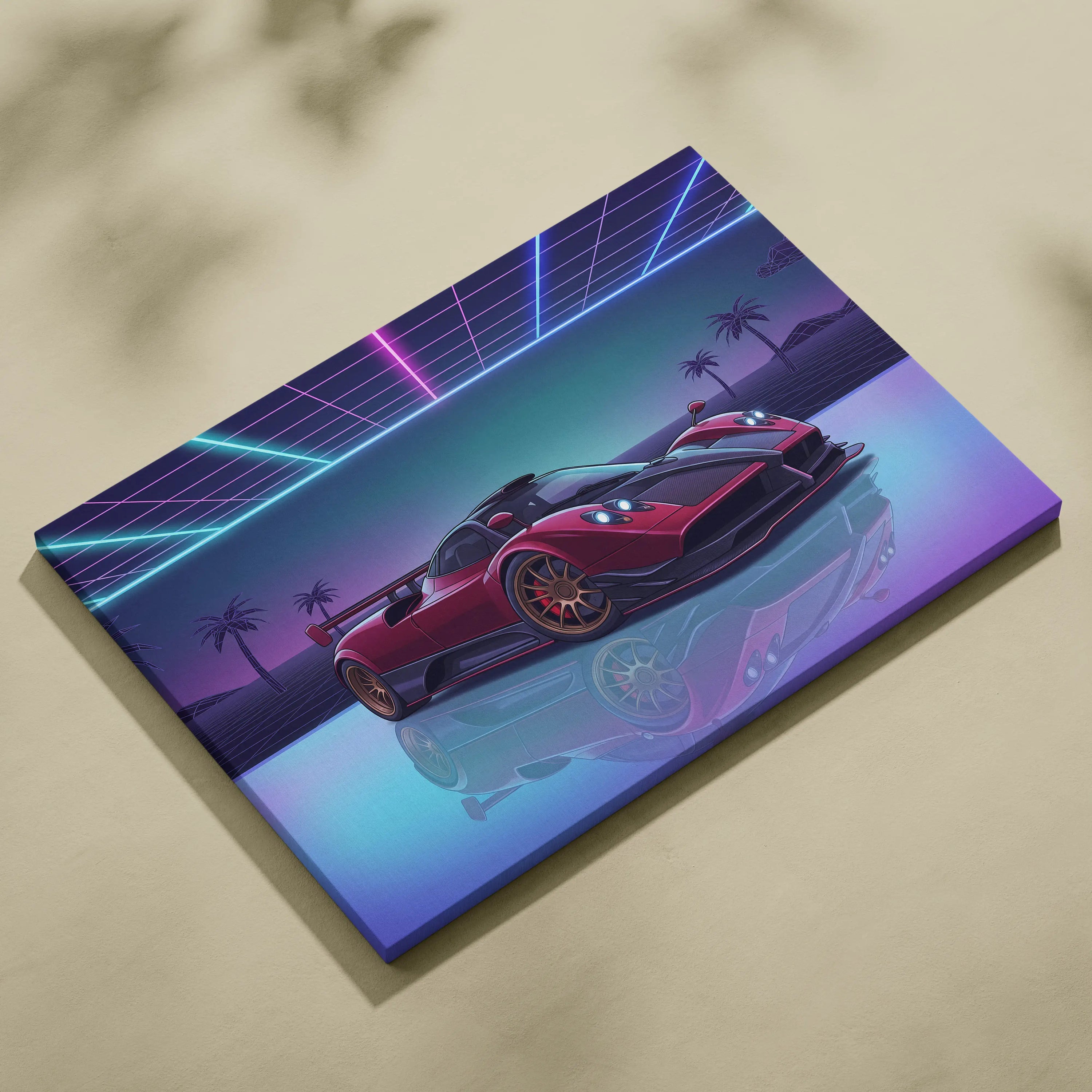 Pagani Zonda Inspired Red Purple Canvas Wall Art, Vaporwave Hypercar Artwork, Neon Grid Garage Decor, Retro Futuristic Exotic Car Print