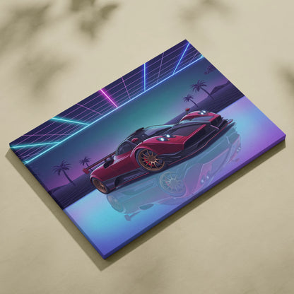 Pagani Zonda Inspired Red Purple Canvas Wall Art, Vaporwave Hypercar Artwork, Neon Grid Garage Decor, Retro Futuristic Exotic Car Print