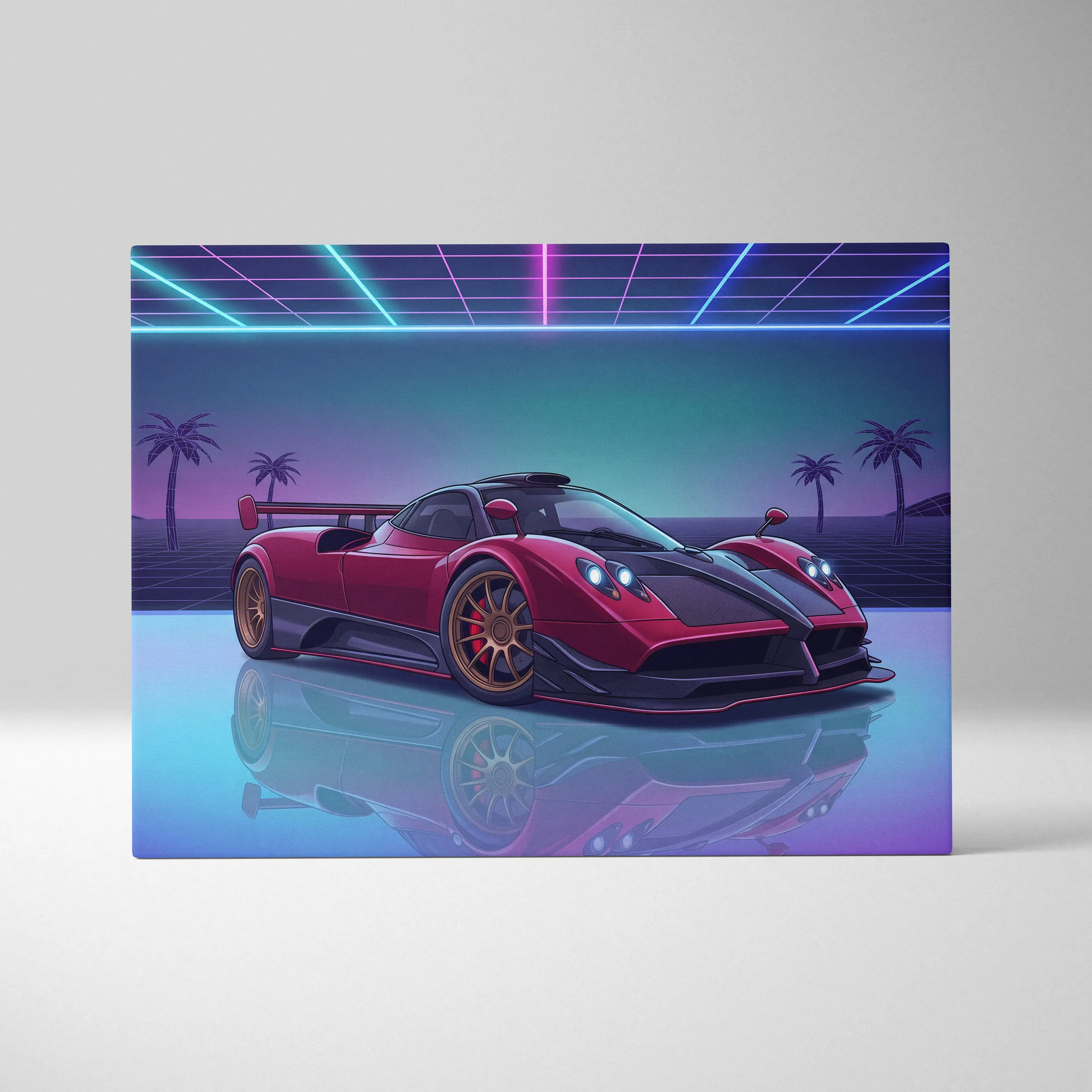 Vibrant red and black pagani zonda sports car with gold rims in a neon-lit retro-futuristic canvas wall art print