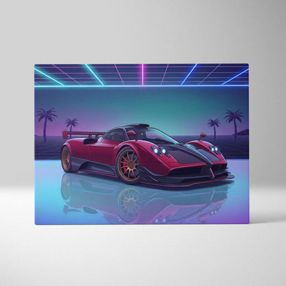 Pagani Zonda Inspired Red Purple Canvas Wall Art, Vaporwave Hypercar Artwork, Neon Grid Garage Decor, Retro Futuristic Exotic Car Print
