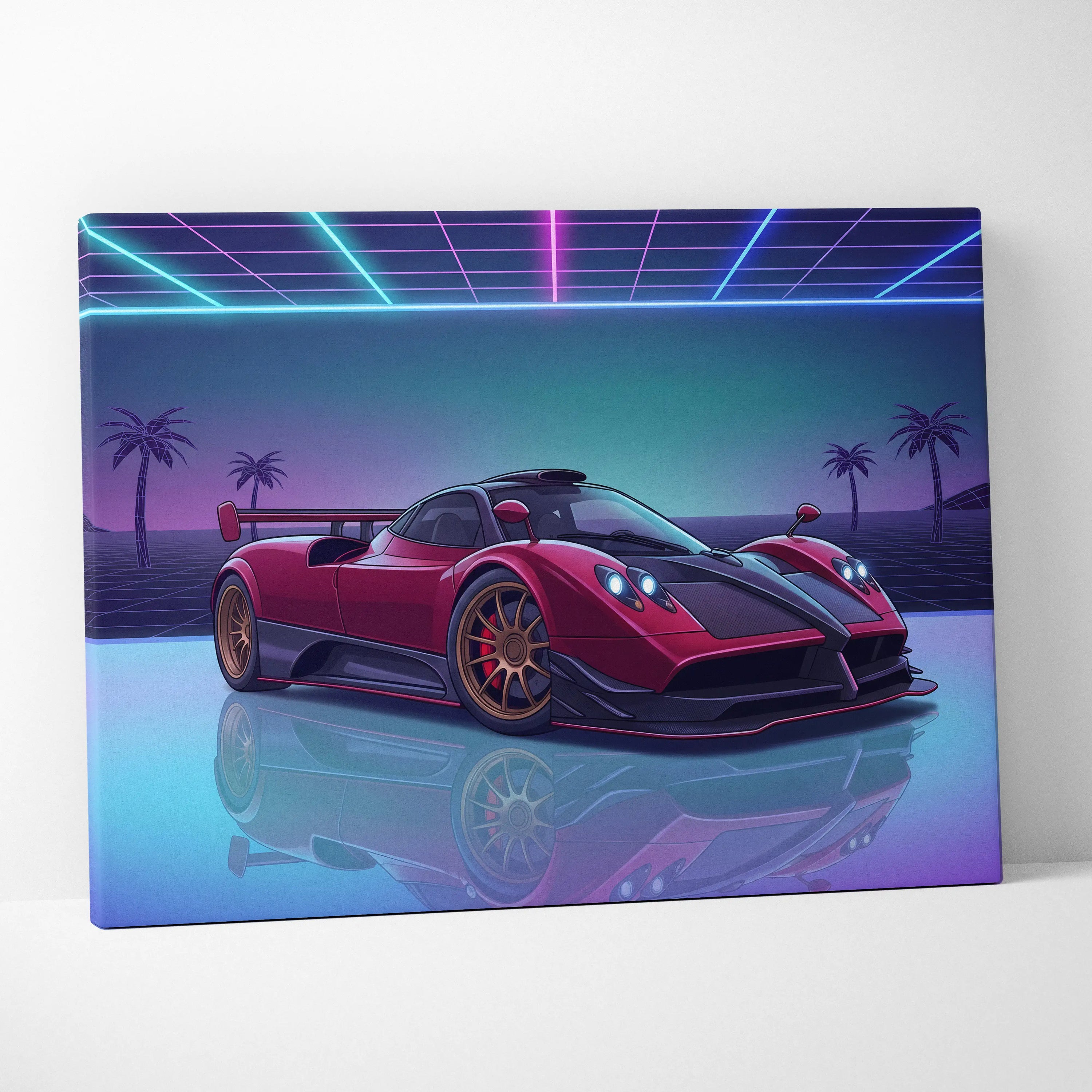 Pagani Zonda Inspired Red Purple Canvas Wall Art, Vaporwave Hypercar Artwork, Neon Grid Garage Decor, Retro Futuristic Exotic Car Print