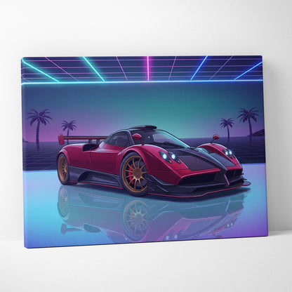 Pagani Zonda Inspired Red Purple Canvas Wall Art, Vaporwave Hypercar Artwork, Neon Grid Garage Decor, Retro Futuristic Exotic Car Print