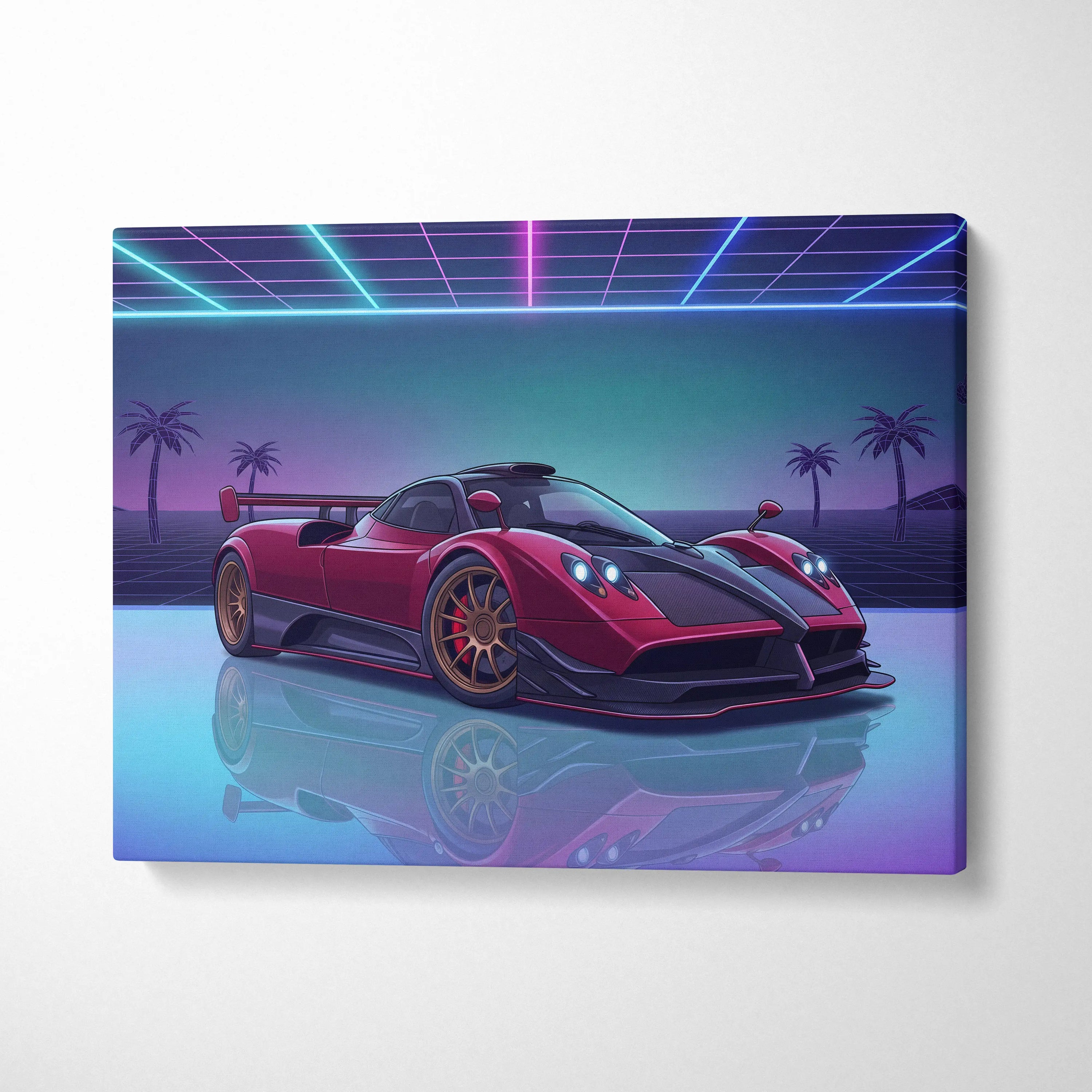 Pagani Zonda Inspired Red Purple Canvas Wall Art, Vaporwave Hypercar Artwork, Neon Grid Garage Decor, Retro Futuristic Exotic Car Print