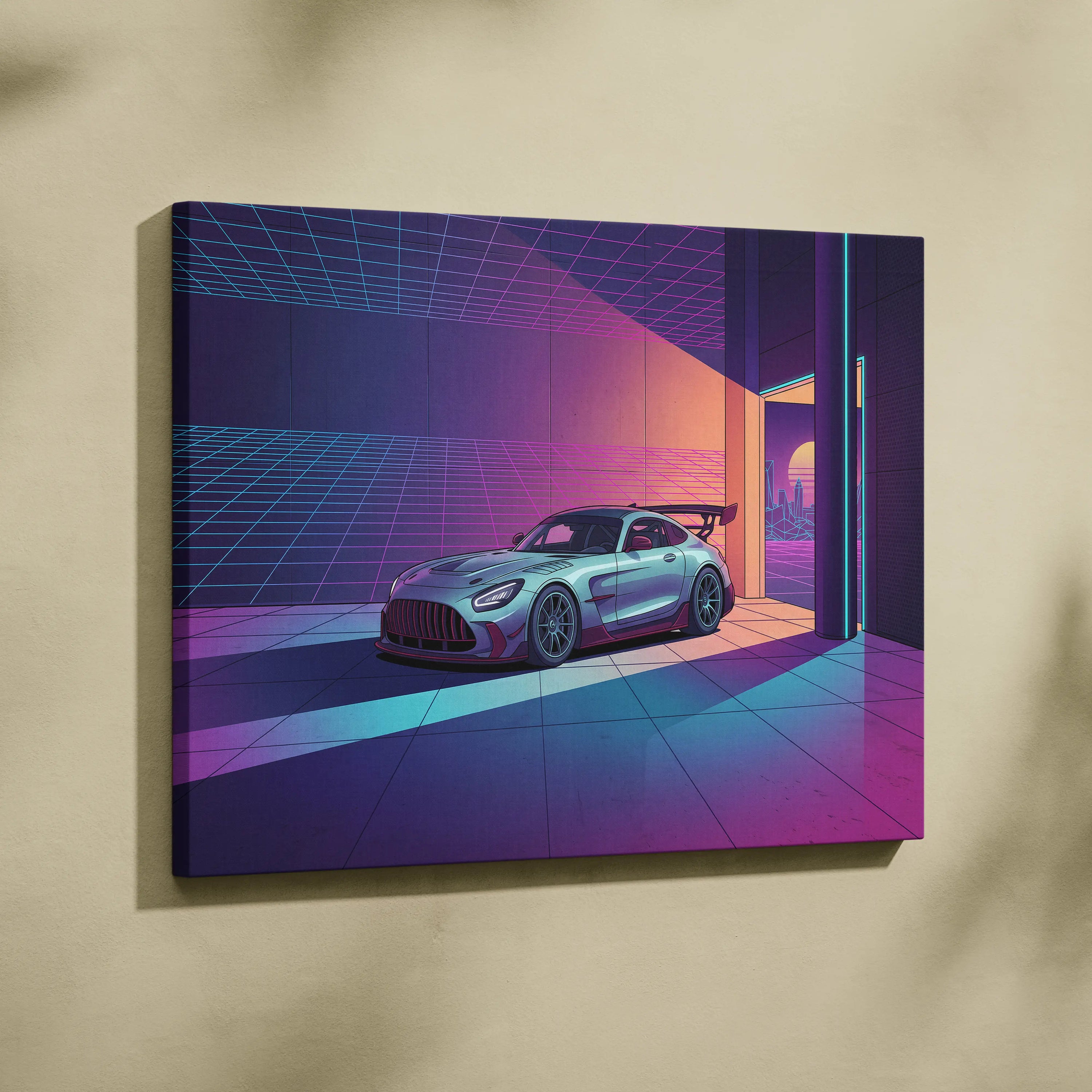 Mercedes-AMG GT Black Series Inspired Silver Purple Canvas Wall Art, Vaporwave Track Car Artwork, Neon Grid Garage Decor, Retro Futuristic Motorsport Print