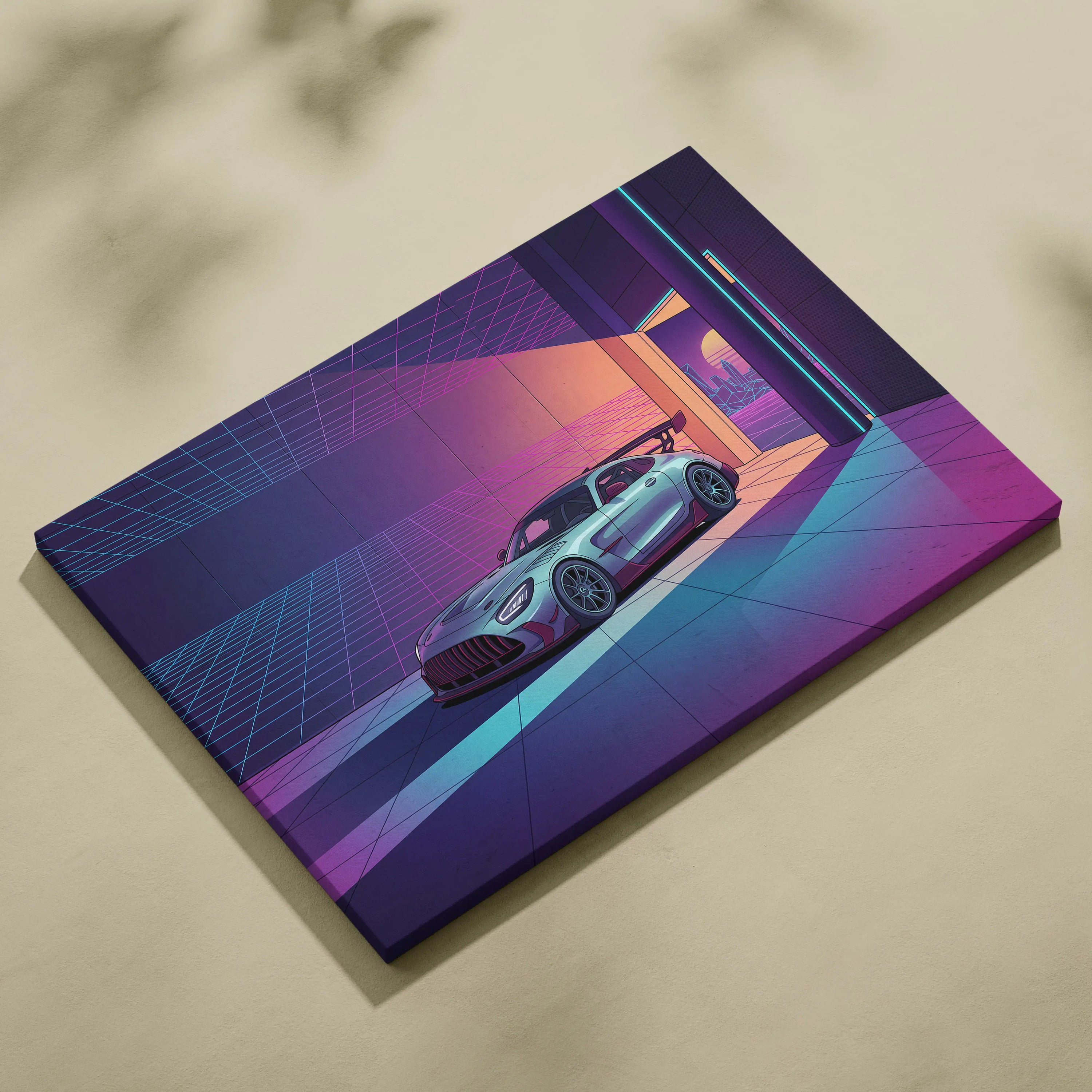 Mercedes-AMG GT Black Series Inspired Silver Purple Canvas Wall Art, Vaporwave Track Car Artwork, Neon Grid Garage Decor, Retro Futuristic Motorsport Print