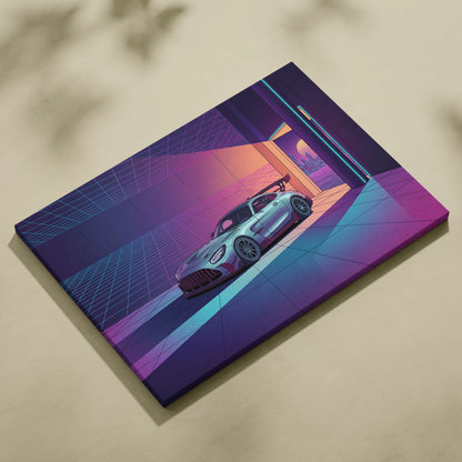 Mercedes-AMG GT Black Series Inspired Silver Purple Canvas Wall Art, Vaporwave Track Car Artwork, Neon Grid Garage Decor, Retro Futuristic Motorsport Print