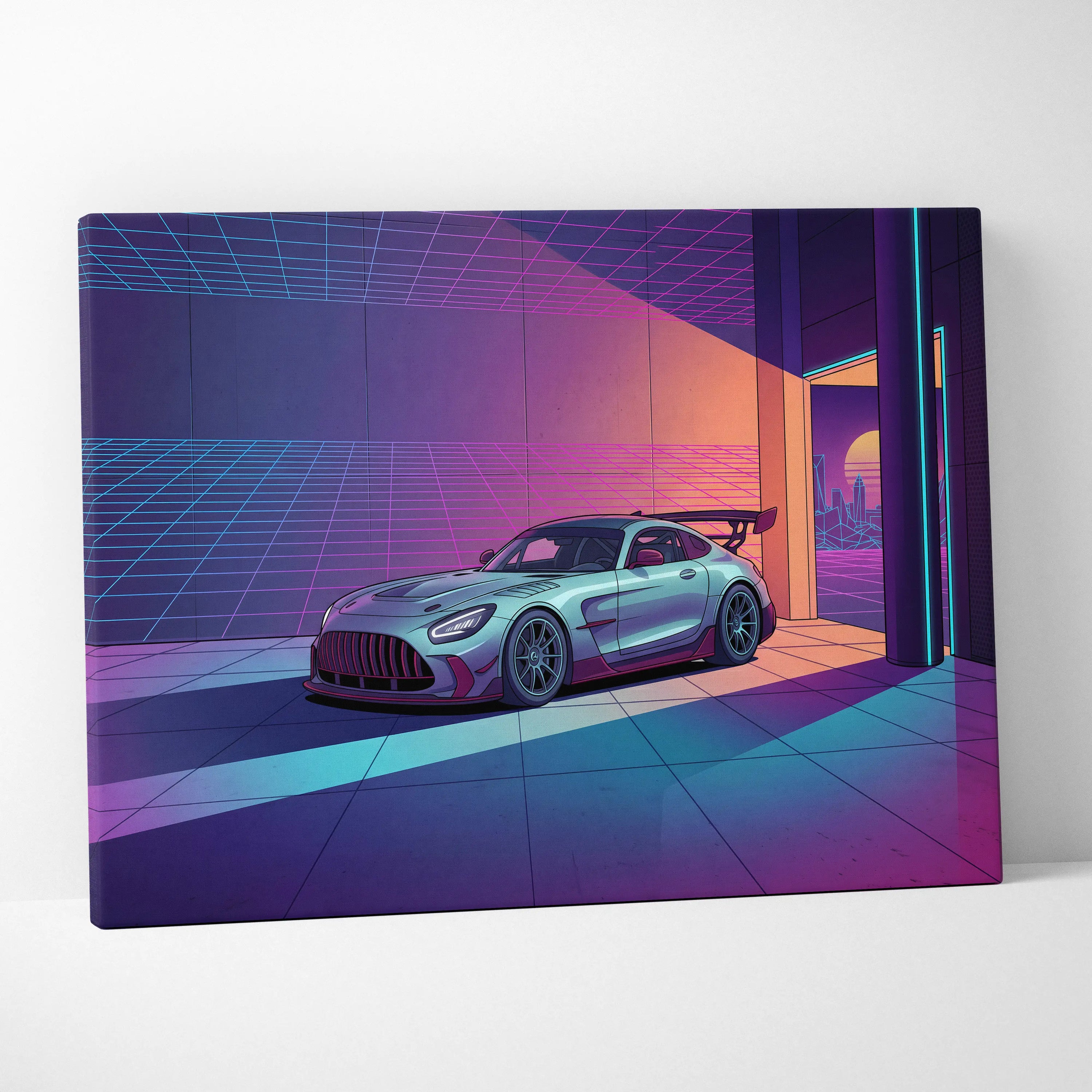 Mercedes-AMG GT Black Series Inspired Silver Purple Canvas Wall Art, Vaporwave Track Car Artwork, Neon Grid Garage Decor, Retro Futuristic Motorsport Print