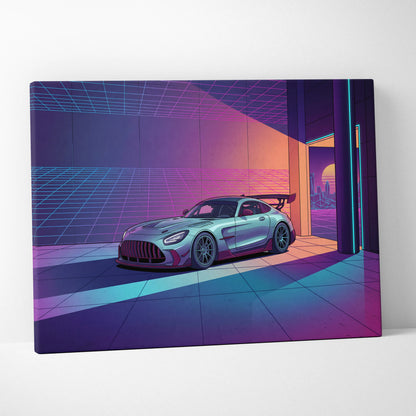 Mercedes-AMG GT Black Series Inspired Silver Purple Canvas Wall Art, Vaporwave Track Car Artwork, Neon Grid Garage Decor, Retro Futuristic Motorsport Print