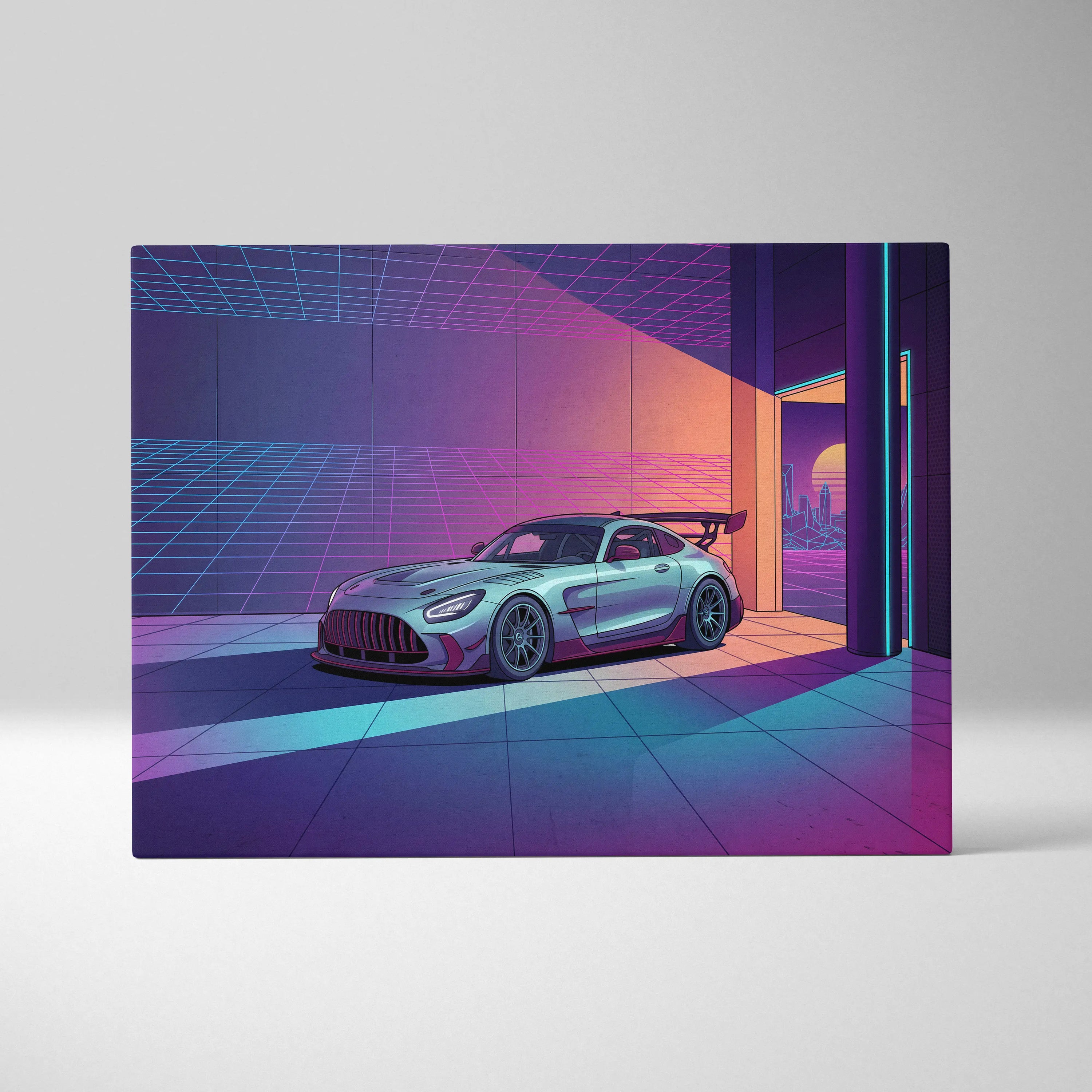 Mercedes-AMG GT Black Series Inspired Silver Purple Canvas Wall Art, Vaporwave Track Car Artwork, Neon Grid Garage Decor, Retro Futuristic Motorsport Print