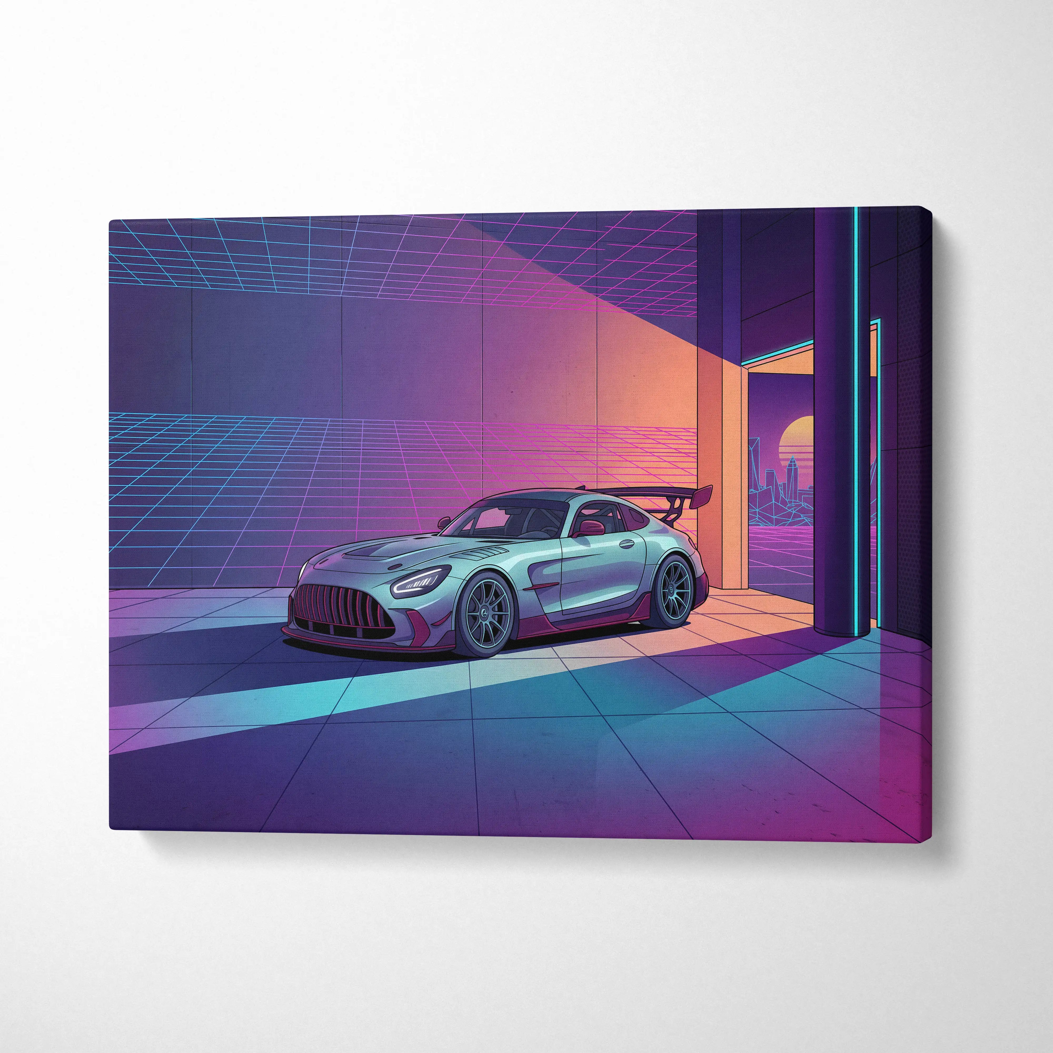Mercedes-AMG GT Black Series Inspired Silver Purple Canvas Wall Art, Vaporwave Track Car Artwork, Neon Grid Garage Decor, Retro Futuristic Motorsport Print