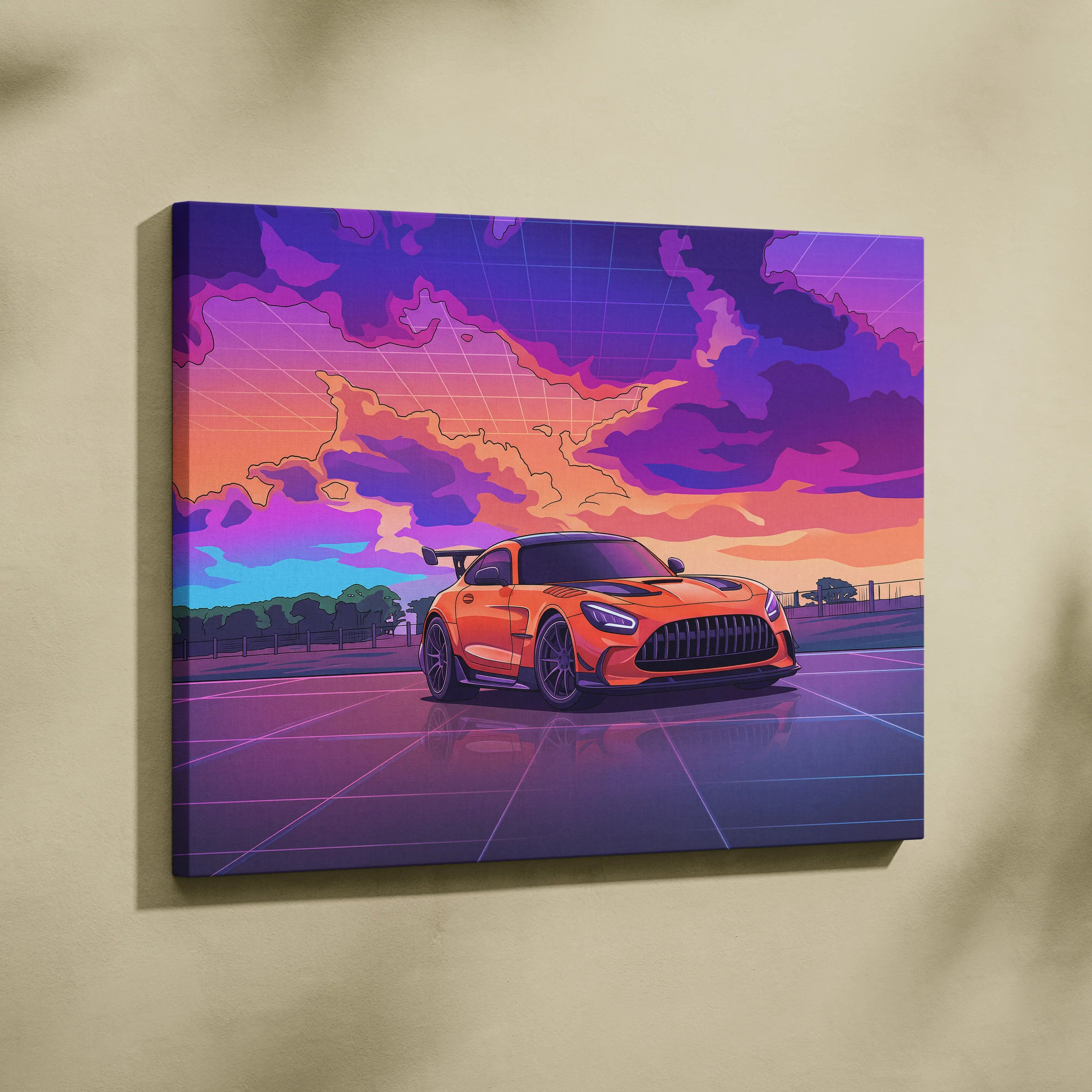 Mercedes-AMG GT Black Series Inspired Orange Purple Canvas Wall Art, Vaporwave Track Car Artwork, Neon Sunset Garage Decor, Retro Futuristic Print