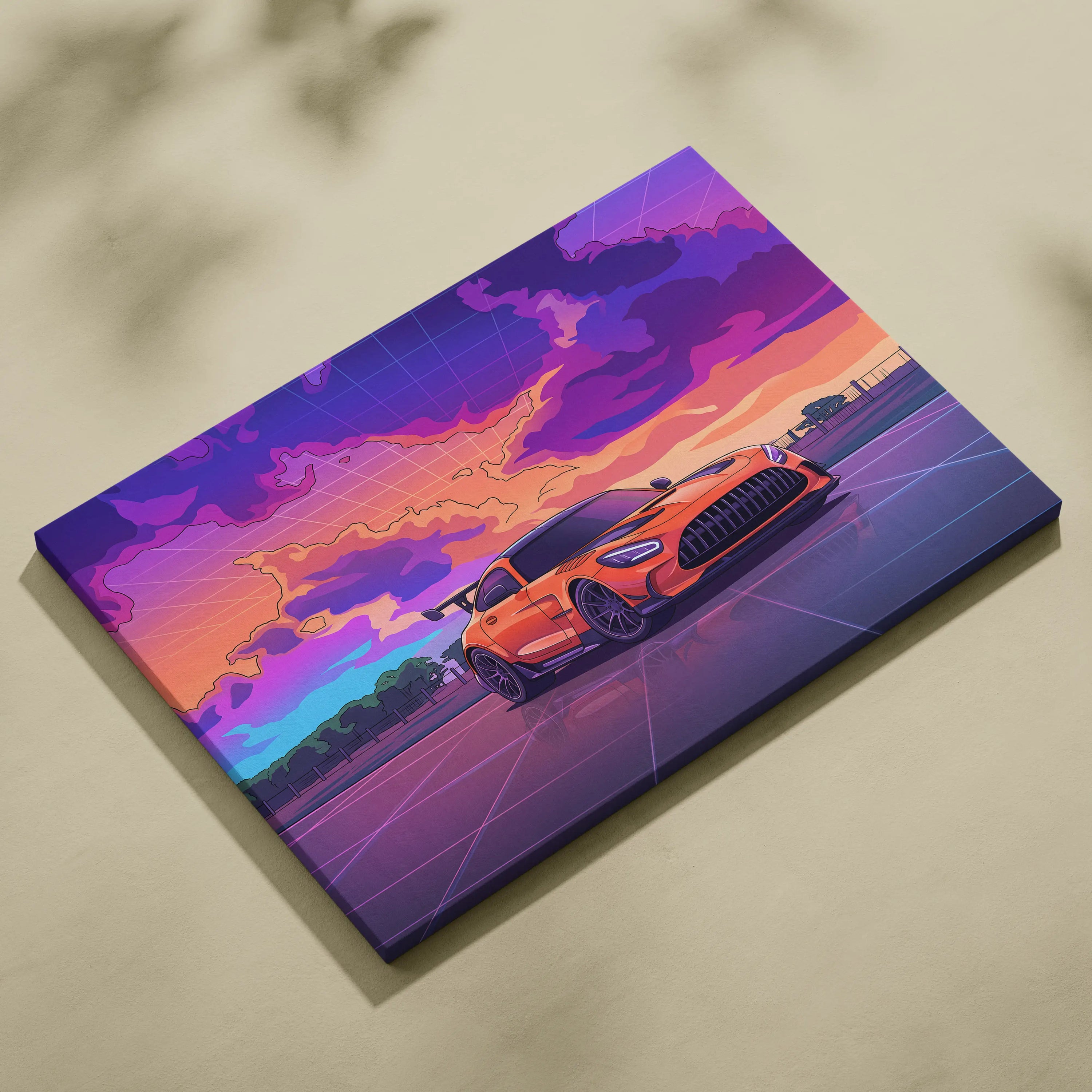 Mercedes-AMG GT Black Series Inspired Orange Purple Canvas Wall Art, Vaporwave Track Car Artwork, Neon Sunset Garage Decor, Retro Futuristic Print