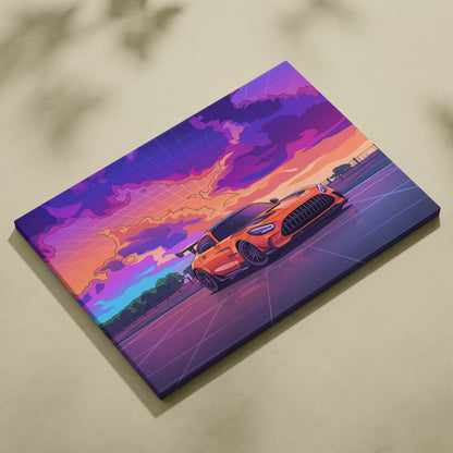 Mercedes-AMG GT Black Series Inspired Orange Purple Canvas Wall Art, Vaporwave Track Car Artwork, Neon Sunset Garage Decor, Retro Futuristic Print