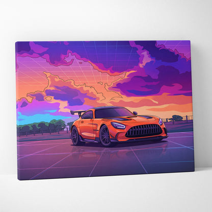 Mercedes-AMG GT Black Series Inspired Orange Purple Canvas Wall Art, Vaporwave Track Car Artwork, Neon Sunset Garage Decor, Retro Futuristic Print