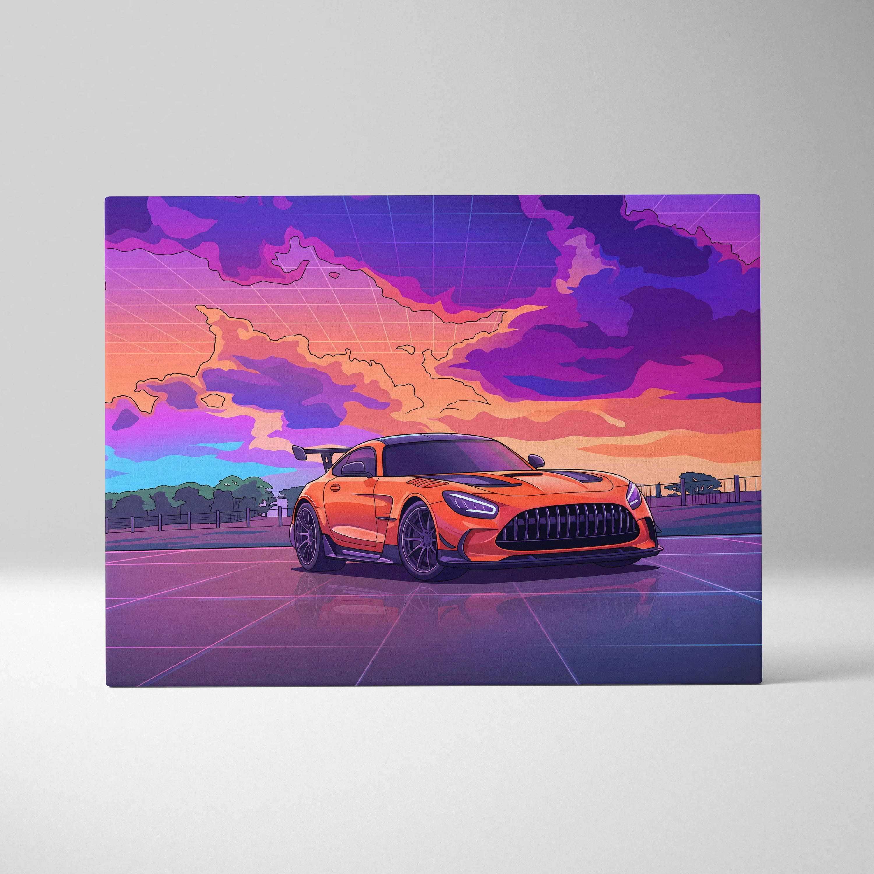 Mercedes-AMG GT Black Series Inspired Orange Purple Canvas Wall Art, Vaporwave Track Car Artwork, Neon Sunset Garage Decor, Retro Futuristic Print