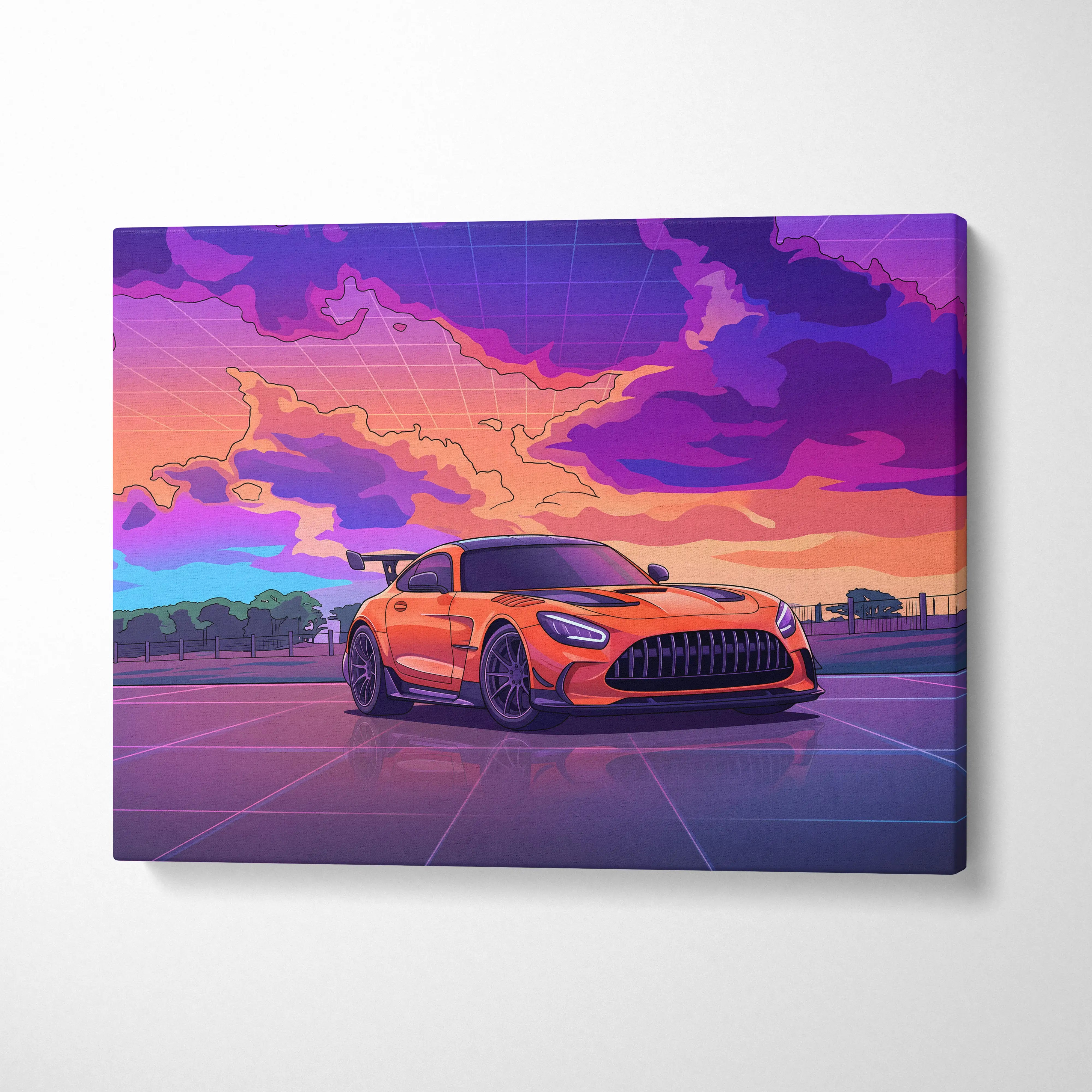 Mercedes-AMG GT Black Series Inspired Orange Purple Canvas Wall Art, Vaporwave Track Car Artwork, Neon Sunset Garage Decor, Retro Futuristic Print