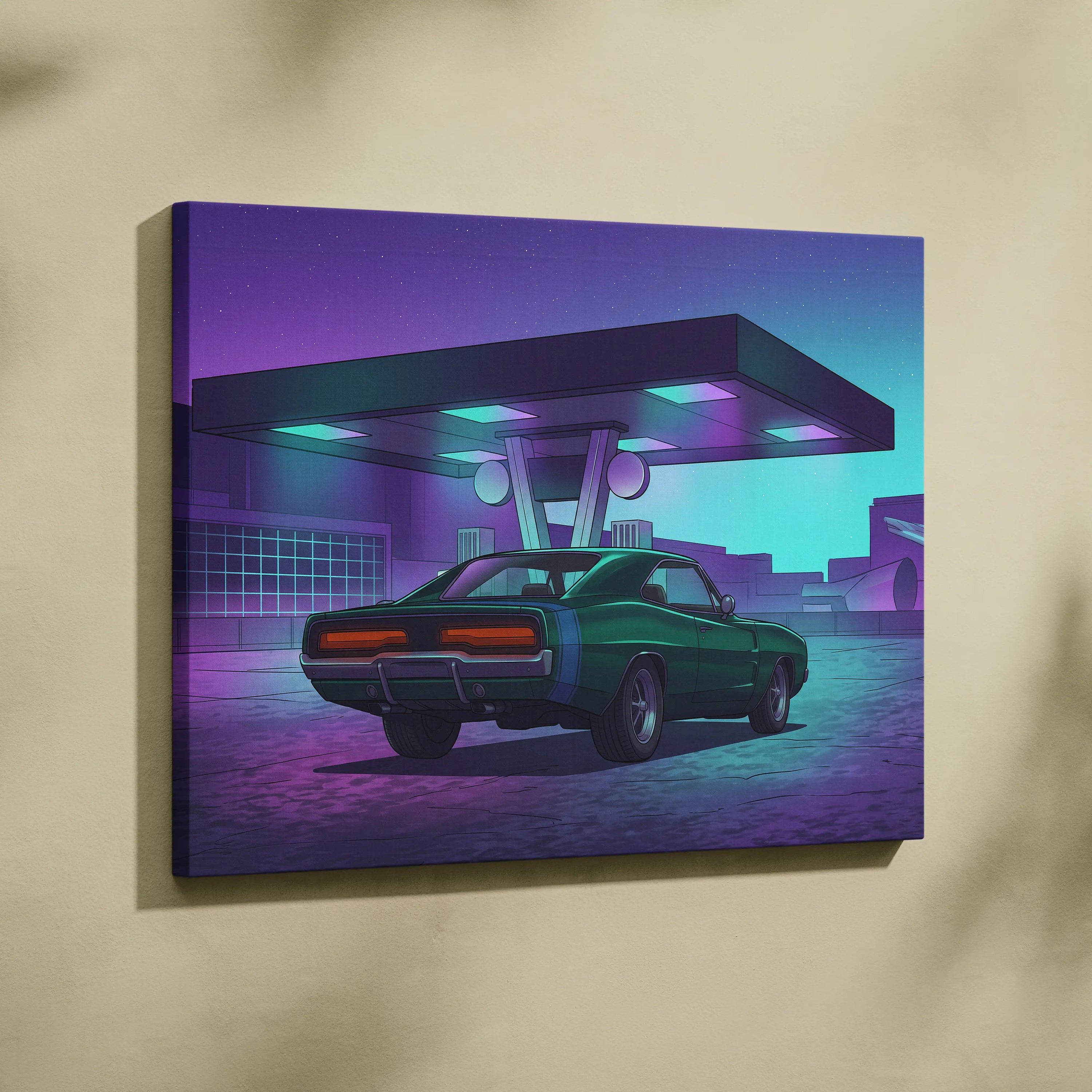 Dodge Charger Inspired Green Purple Canvas Wall Art Vaporwave Muscle Car Artwork Neon Gas Station Garage Decor Retro Futuristic Classic Print