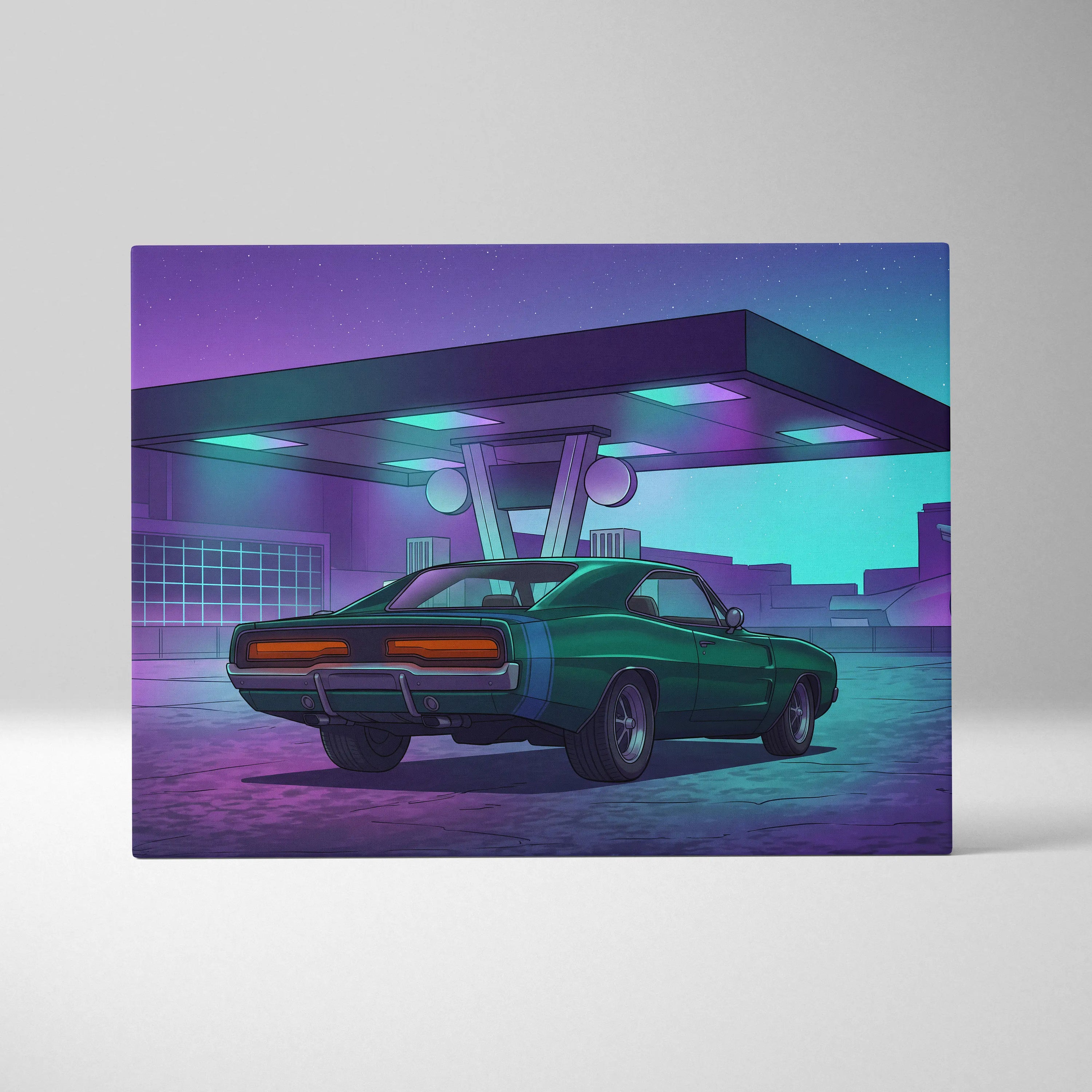 Dodge Charger Inspired Green Purple Canvas Wall Art Vaporwave Muscle Car Artwork Neon Gas Station Garage Decor Retro Futuristic Classic Print