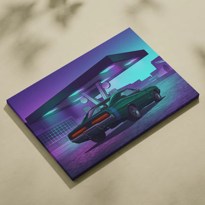 Dodge Charger Inspired Green Purple Canvas Wall Art Vaporwave Muscle Car Artwork Neon Gas Station Garage Decor Retro Futuristic Classic Print
