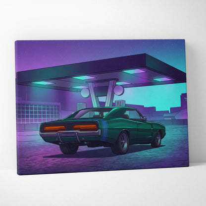Dodge Charger Inspired Green Purple Canvas Wall Art Vaporwave Muscle Car Artwork Neon Gas Station Garage Decor Retro Futuristic Classic Print