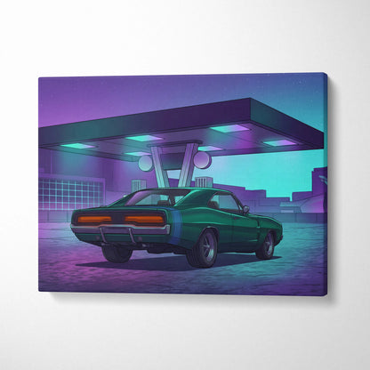 Dodge Charger Inspired Green Purple Canvas Wall Art Vaporwave Muscle Car Artwork Neon Gas Station Garage Decor Retro Futuristic Classic Print