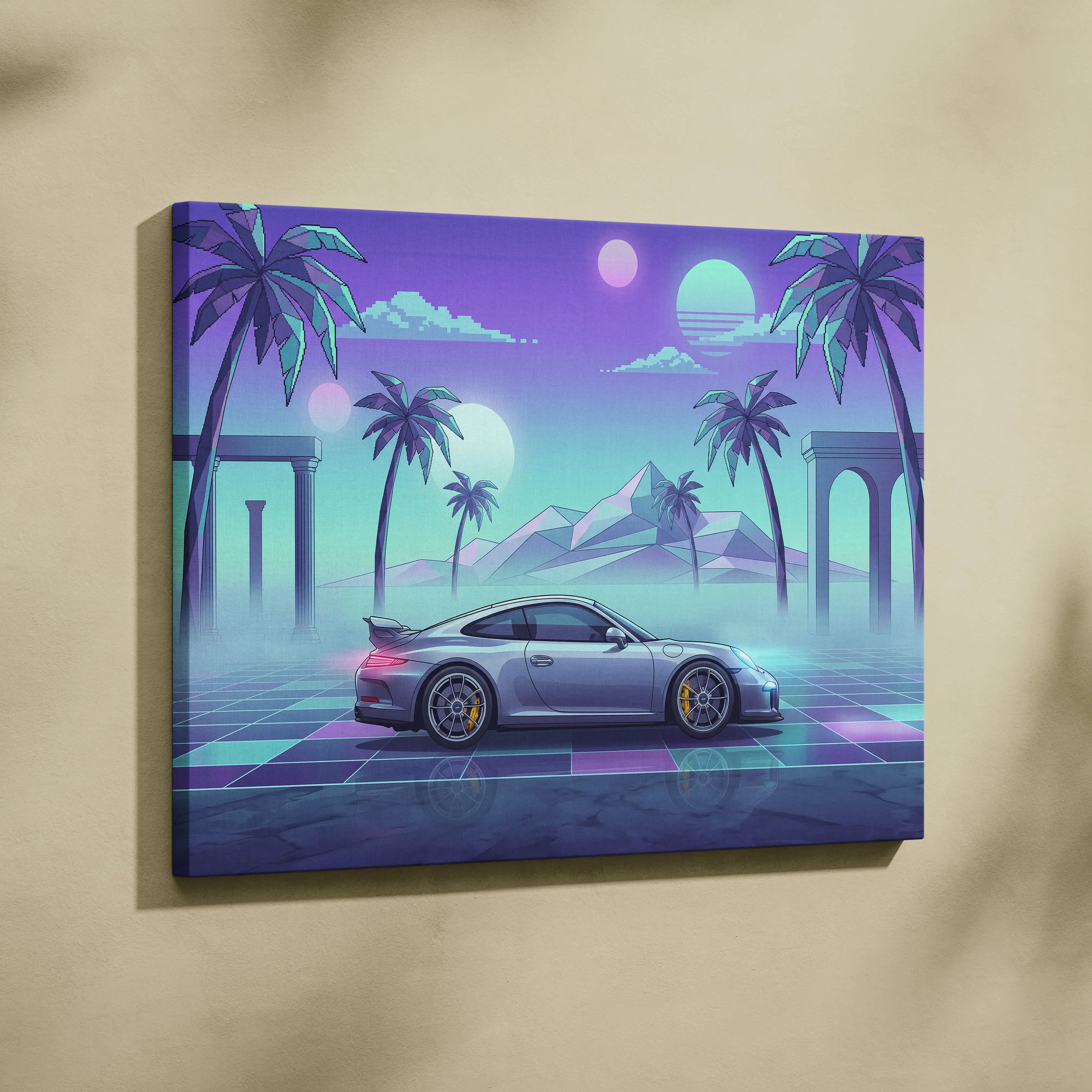 Porsche 911 GT3 Inspired Silver Teal Canvas Wall Art Vaporwave Sports Car Artwork Neon Palm Garage Decor Retro Futuristic Sunset Print