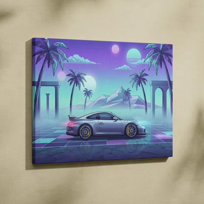 Porsche 911 GT3 Inspired Silver Teal Canvas Wall Art Vaporwave Sports Car Artwork Neon Palm Garage Decor Retro Futuristic Sunset Print