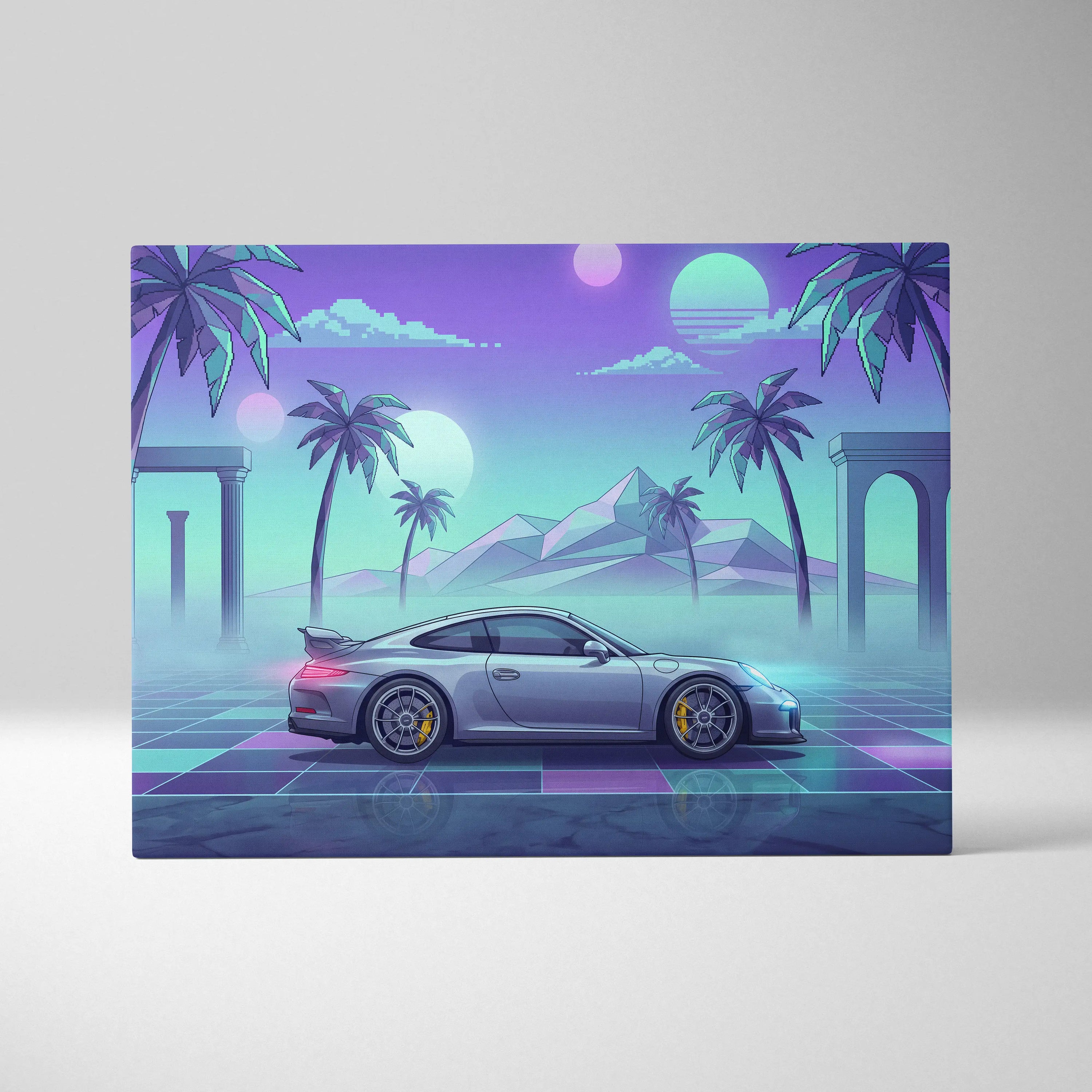 Porsche 911 GT3 Inspired Silver Teal Canvas Wall Art Vaporwave Sports Car Artwork Neon Palm Garage Decor Retro Futuristic Sunset Print