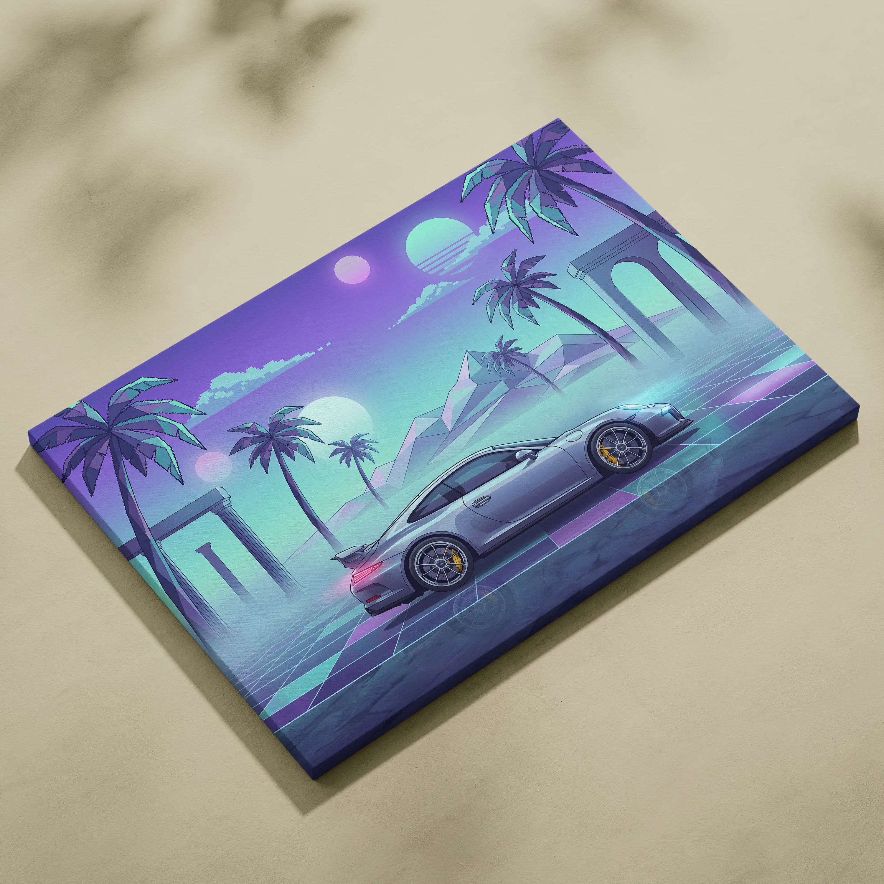 Porsche 911 GT3 Inspired Silver Teal Canvas Wall Art Vaporwave Sports Car Artwork Neon Palm Garage Decor Retro Futuristic Sunset Print