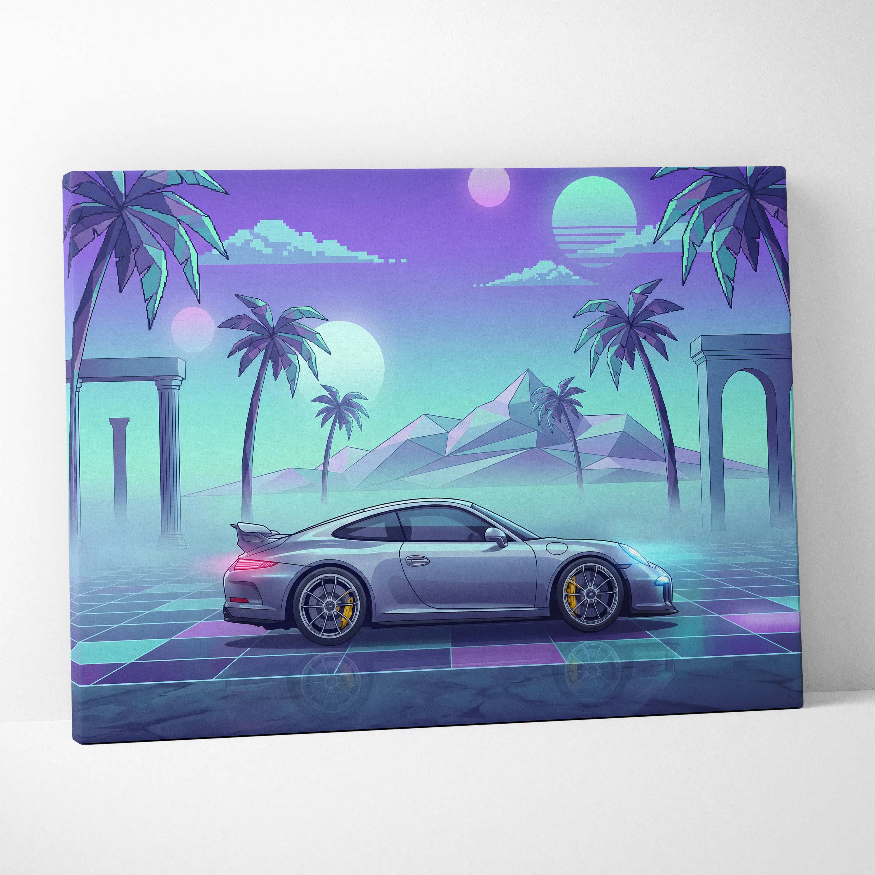 Porsche 911 GT3 Inspired Silver Teal Canvas Wall Art Vaporwave Sports Car Artwork Neon Palm Garage Decor Retro Futuristic Sunset Print