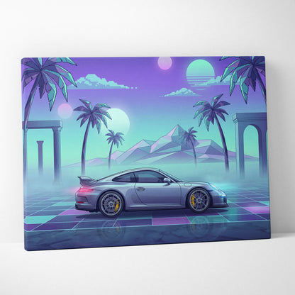 Porsche 911 GT3 Inspired Silver Teal Canvas Wall Art Vaporwave Sports Car Artwork Neon Palm Garage Decor Retro Futuristic Sunset Print
