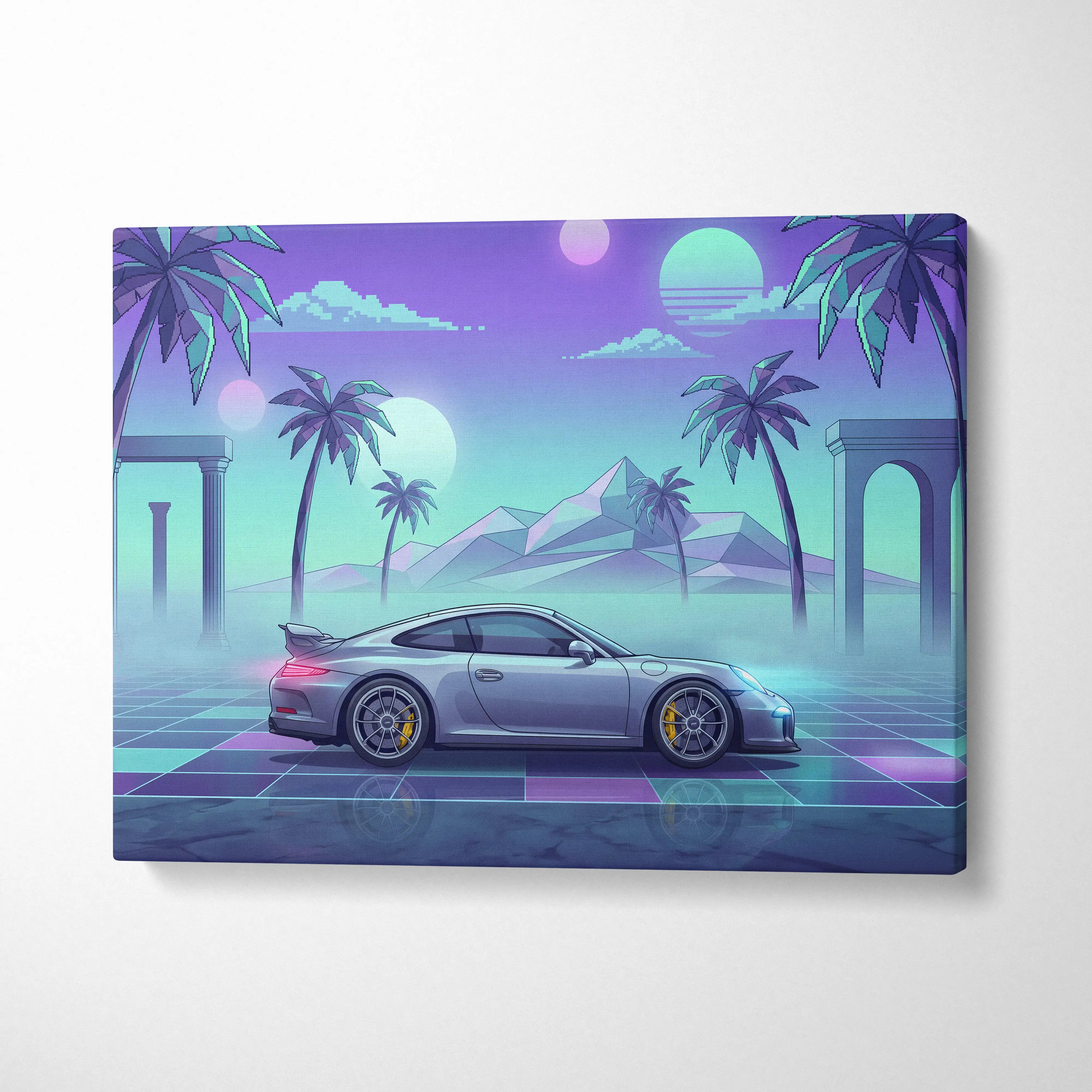 Porsche 911 GT3 Inspired Silver Teal Canvas Wall Art Vaporwave Sports Car Artwork Neon Palm Garage Decor Retro Futuristic Sunset Print