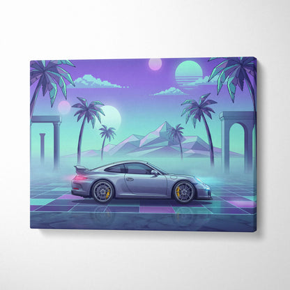 Porsche 911 GT3 Inspired Silver Teal Canvas Wall Art Vaporwave Sports Car Artwork Neon Palm Garage Decor Retro Futuristic Sunset Print