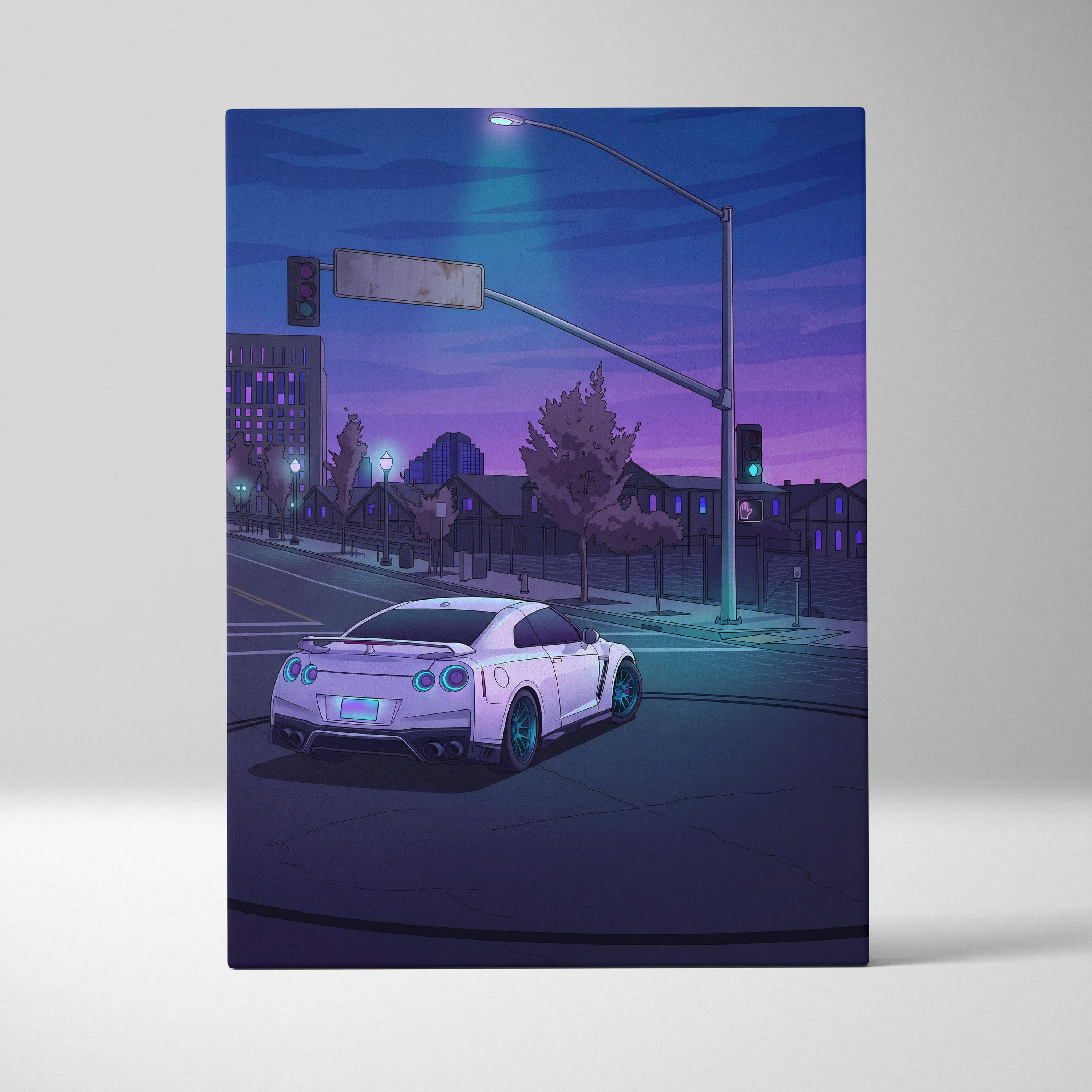 Nissan GT-R Inspired White Blue City Canvas Wall Art Vaporwave JDM Car Artwork, Moody Neon Street Garage Decor Retro Futuristic Print