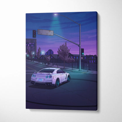 Nissan GT-R Inspired White Blue City Canvas Wall Art Vaporwave JDM Car Artwork, Moody Neon Street Garage Decor Retro Futuristic Print