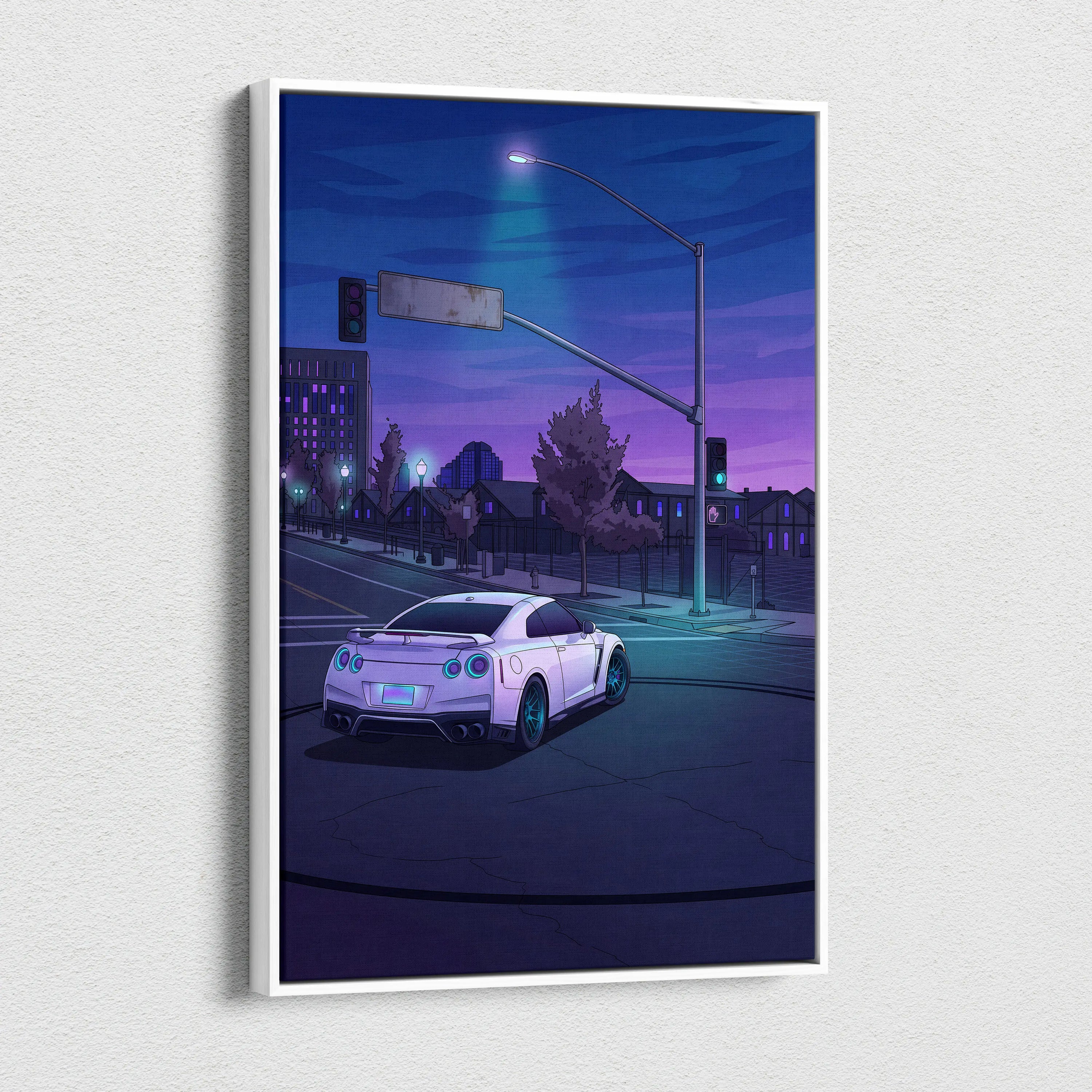 Nissan GT-R Inspired White Blue City Canvas Wall Art Vaporwave JDM Car Artwork, Moody Neon Street Garage Decor Retro Futuristic Print