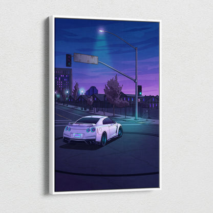 Nissan GT-R Inspired White Blue City Canvas Wall Art Vaporwave JDM Car Artwork, Moody Neon Street Garage Decor Retro Futuristic Print