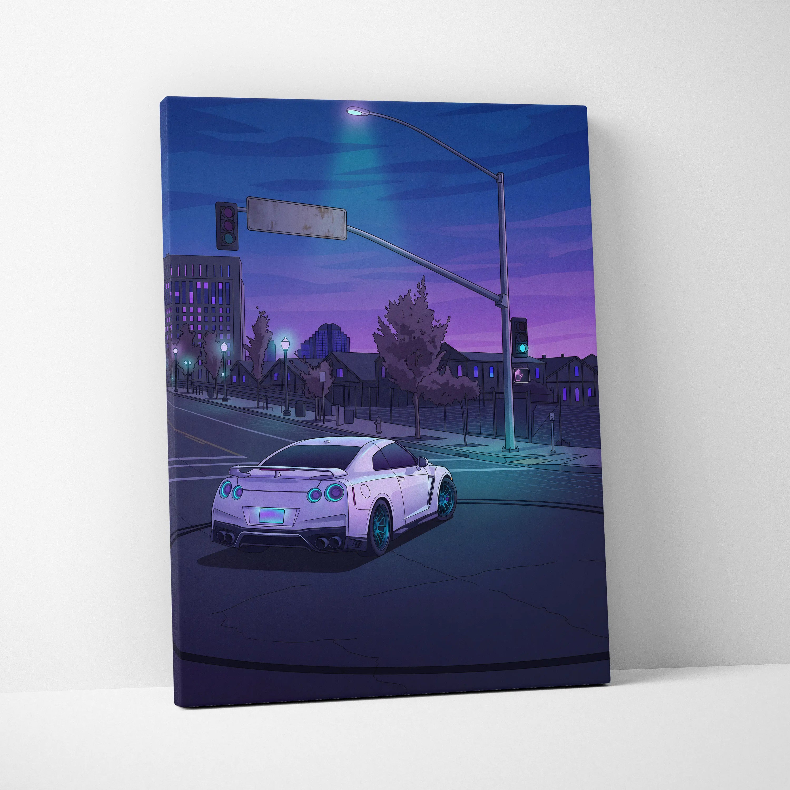 Nissan GT-R Inspired White Blue City Canvas Wall Art Vaporwave JDM Car Artwork, Moody Neon Street Garage Decor Retro Futuristic Print