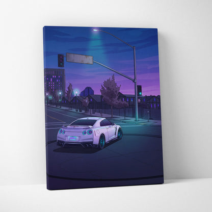 Nissan GT-R Inspired White Blue City Canvas Wall Art Vaporwave JDM Car Artwork, Moody Neon Street Garage Decor Retro Futuristic Print