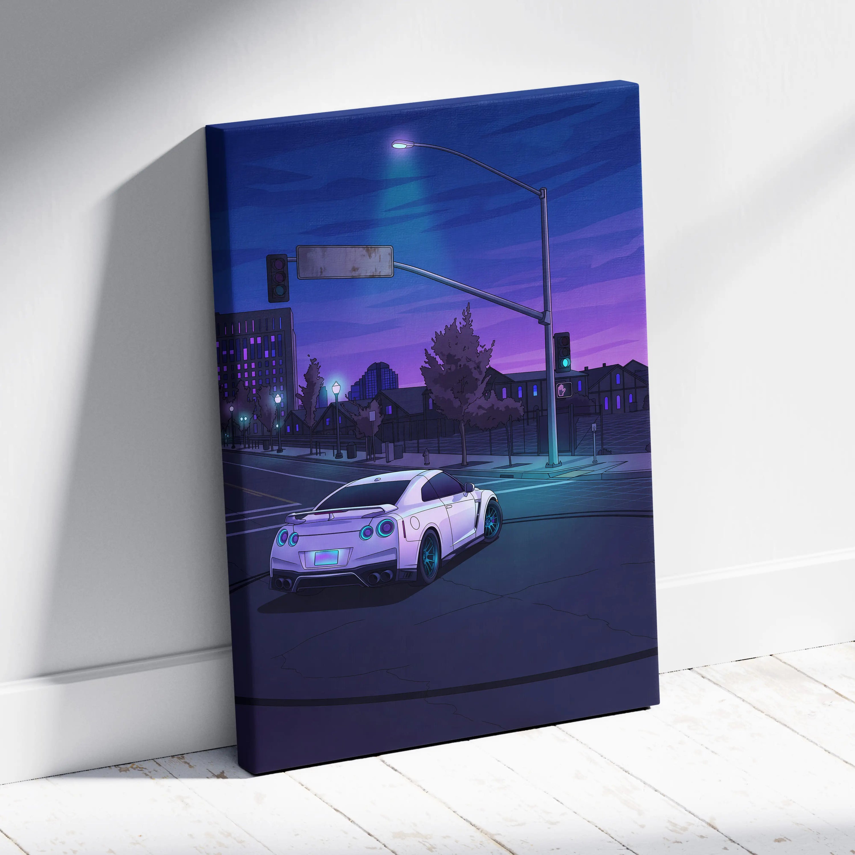 Nissan GT-R Inspired White Blue City Canvas Wall Art Vaporwave JDM Car Artwork, Moody Neon Street Garage Decor Retro Futuristic Print