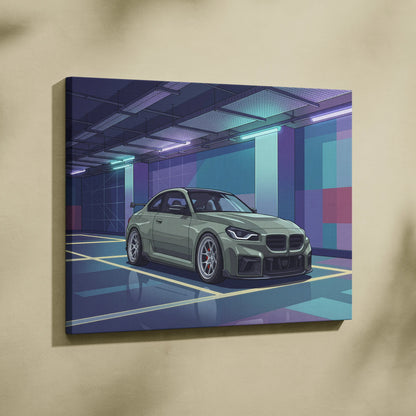 BMW M2 Inspired Vaporwave Car Canvas - Car Artwork Purple Teal Vaporwave Living Room Nostalgic Glow Retro Futurism Wall Art Canvas