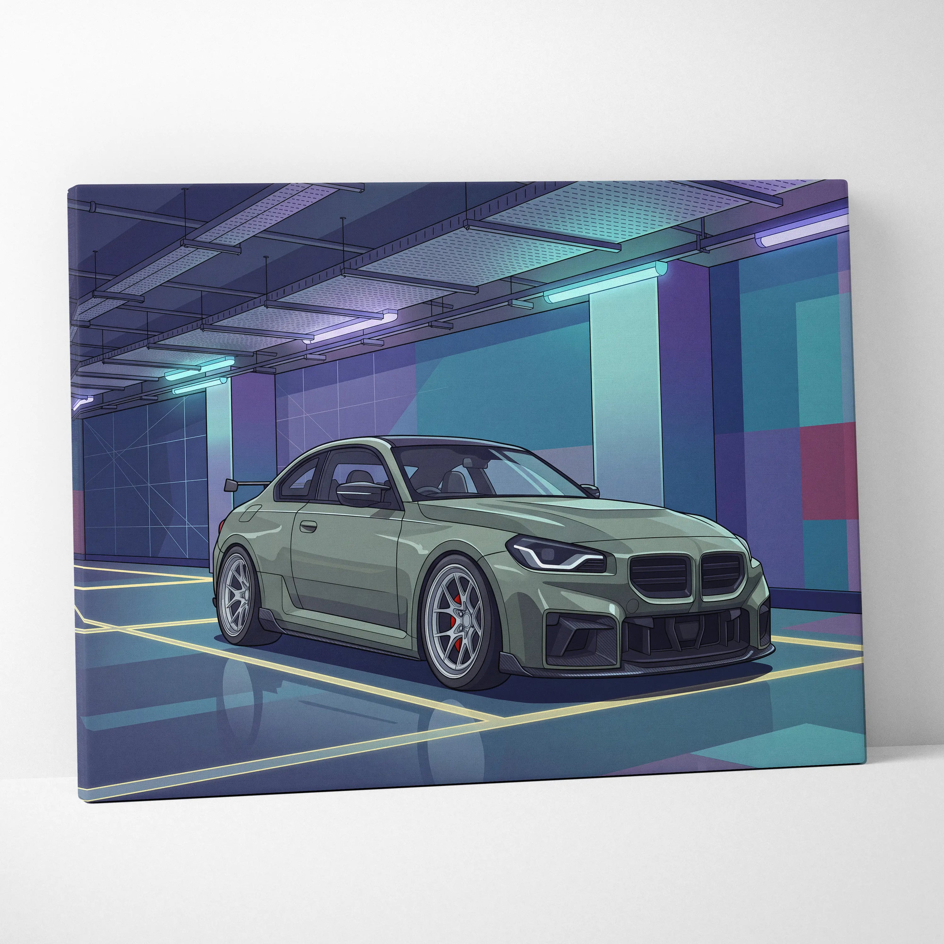 BMW M2 Inspired Vaporwave Car Canvas - Car Artwork Purple Teal Vaporwave Living Room Nostalgic Glow Retro Futurism Wall Art Canvas