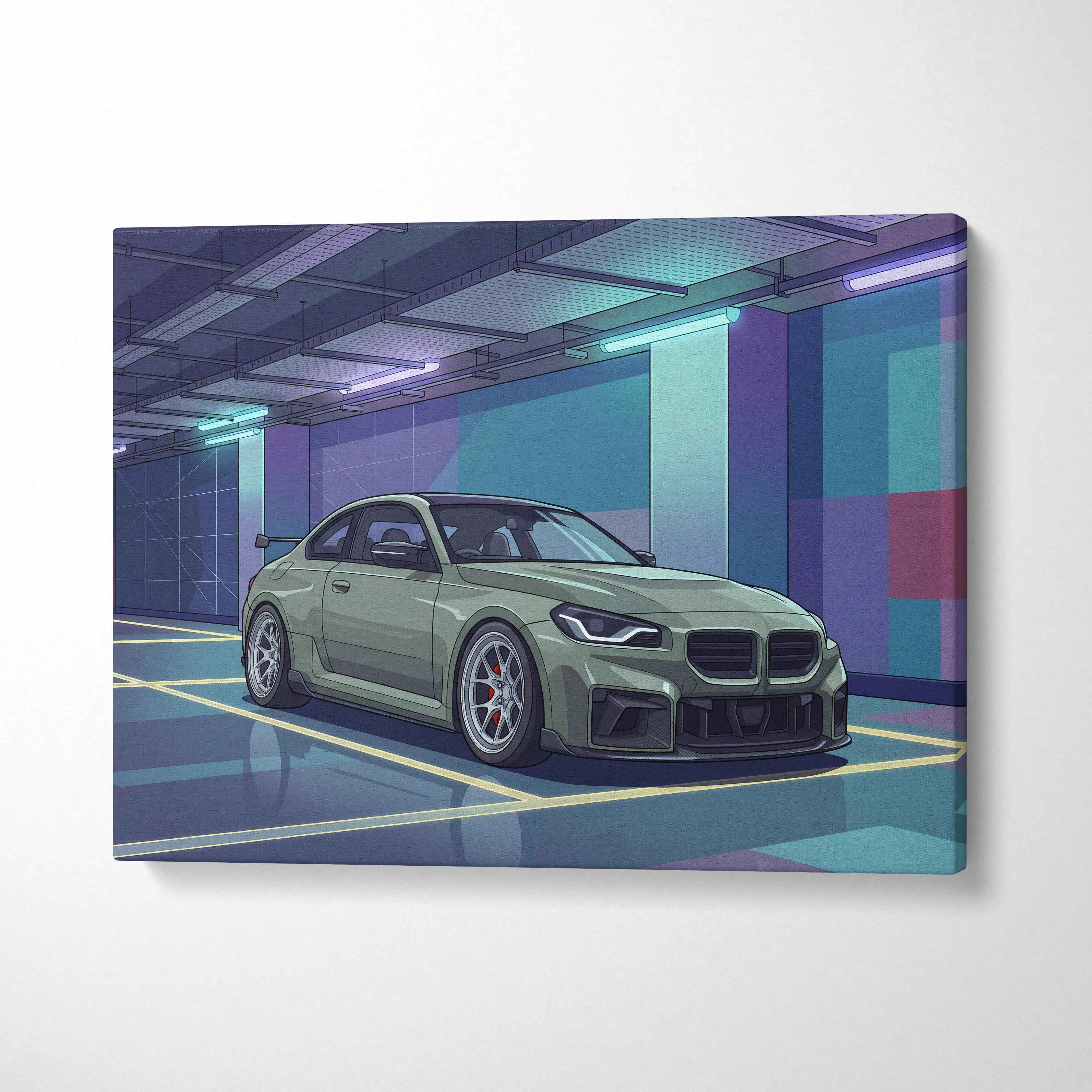 BMW M2 Inspired Vaporwave Car Canvas - Car Artwork Purple Teal Vaporwave Living Room Nostalgic Glow Retro Futurism Wall Art Canvas